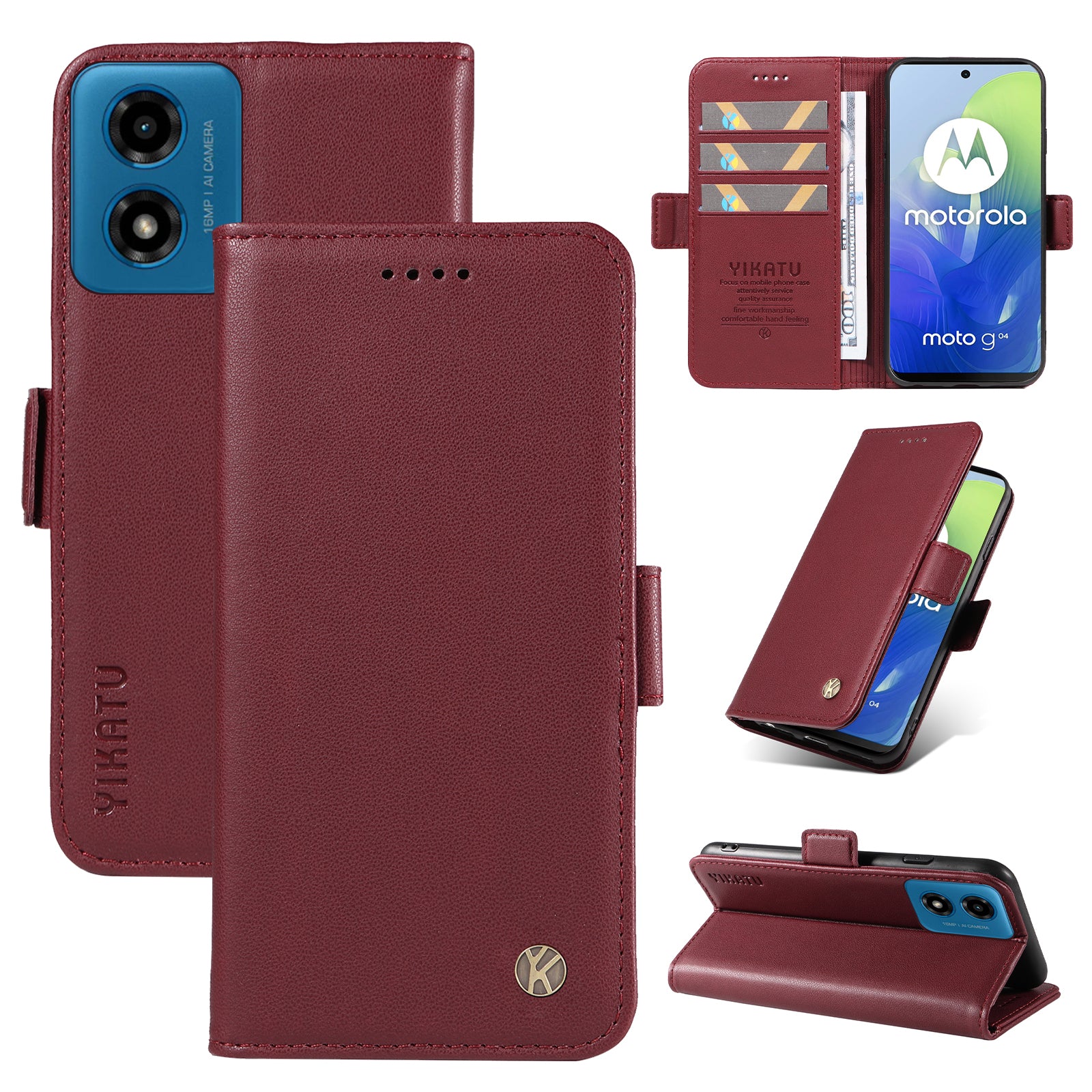 YIKATU YK-003 For Motorola Moto G04 4G / G24 4G Case PU Leather Stand Shockproof Phone Cover - Wine Red