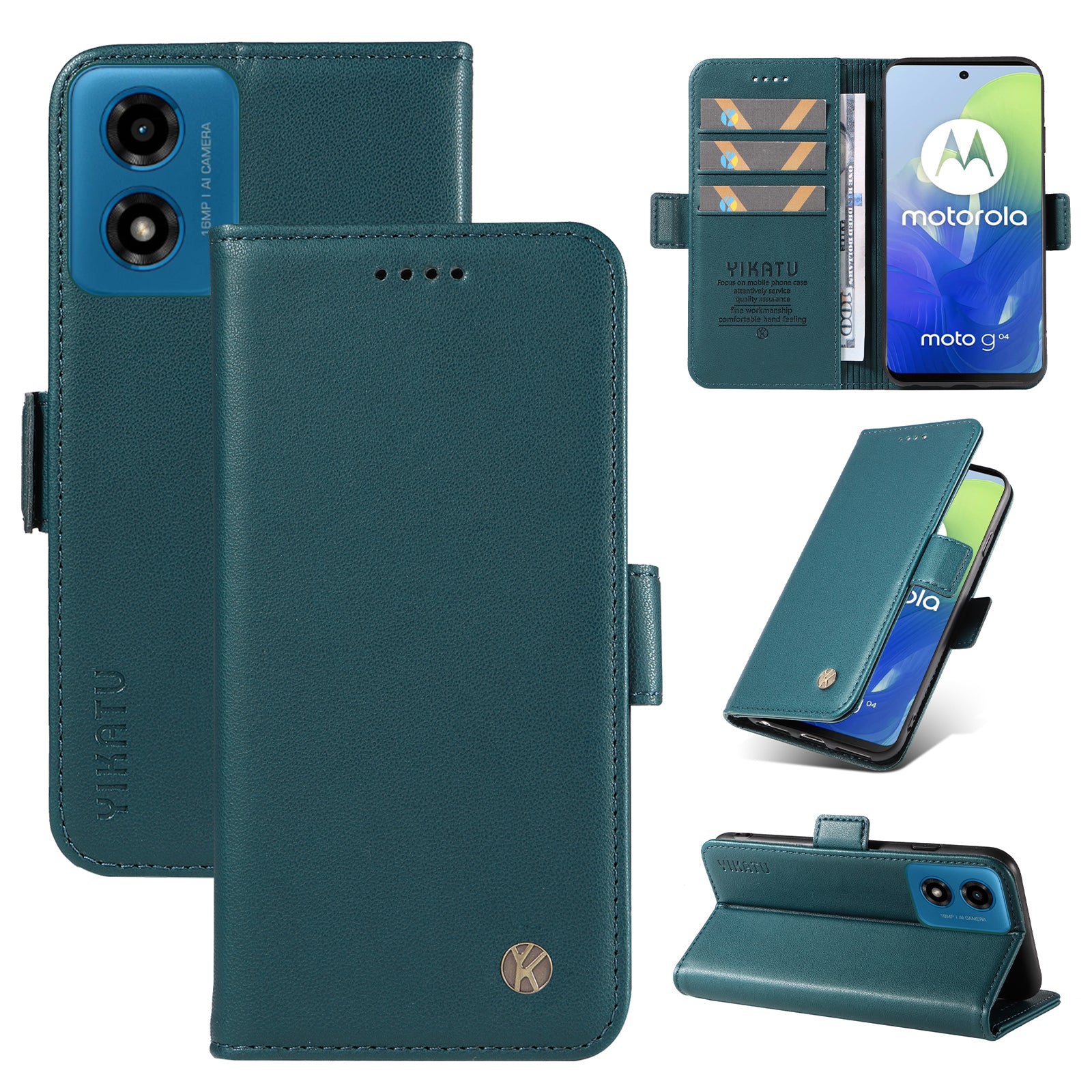 YIKATU YK-003 For Motorola Moto G04 4G / G24 4G Case PU Leather Stand Shockproof Phone Cover - Green