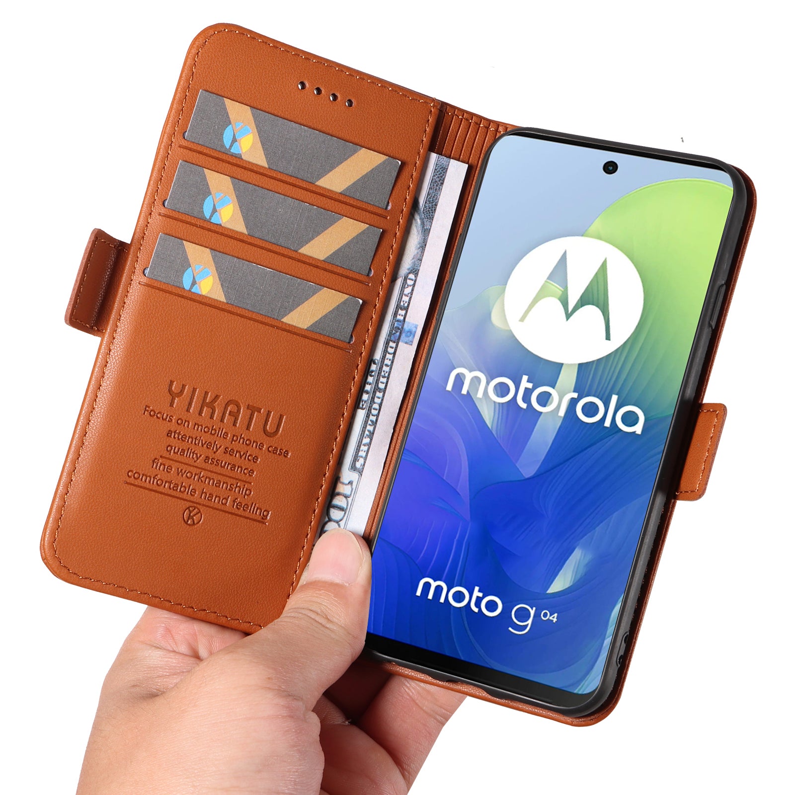 YIKATU YK-003 For Motorola Moto G04 4G / G24 4G Case PU Leather Stand Shockproof Phone Cover - Brown