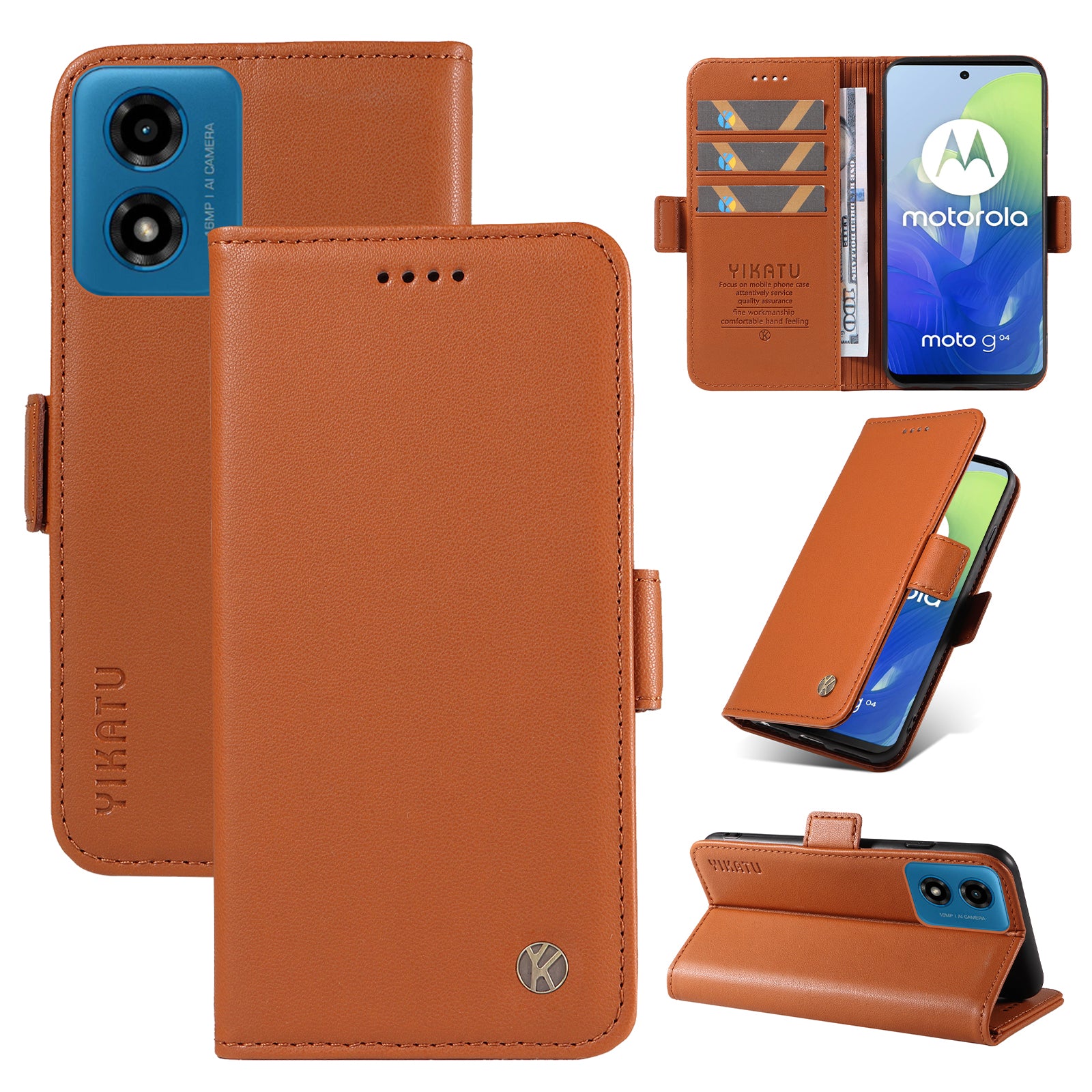 YIKATU YK-003 For Motorola Moto G04 4G / G24 4G Case PU Leather Stand Shockproof Phone Cover - Brown