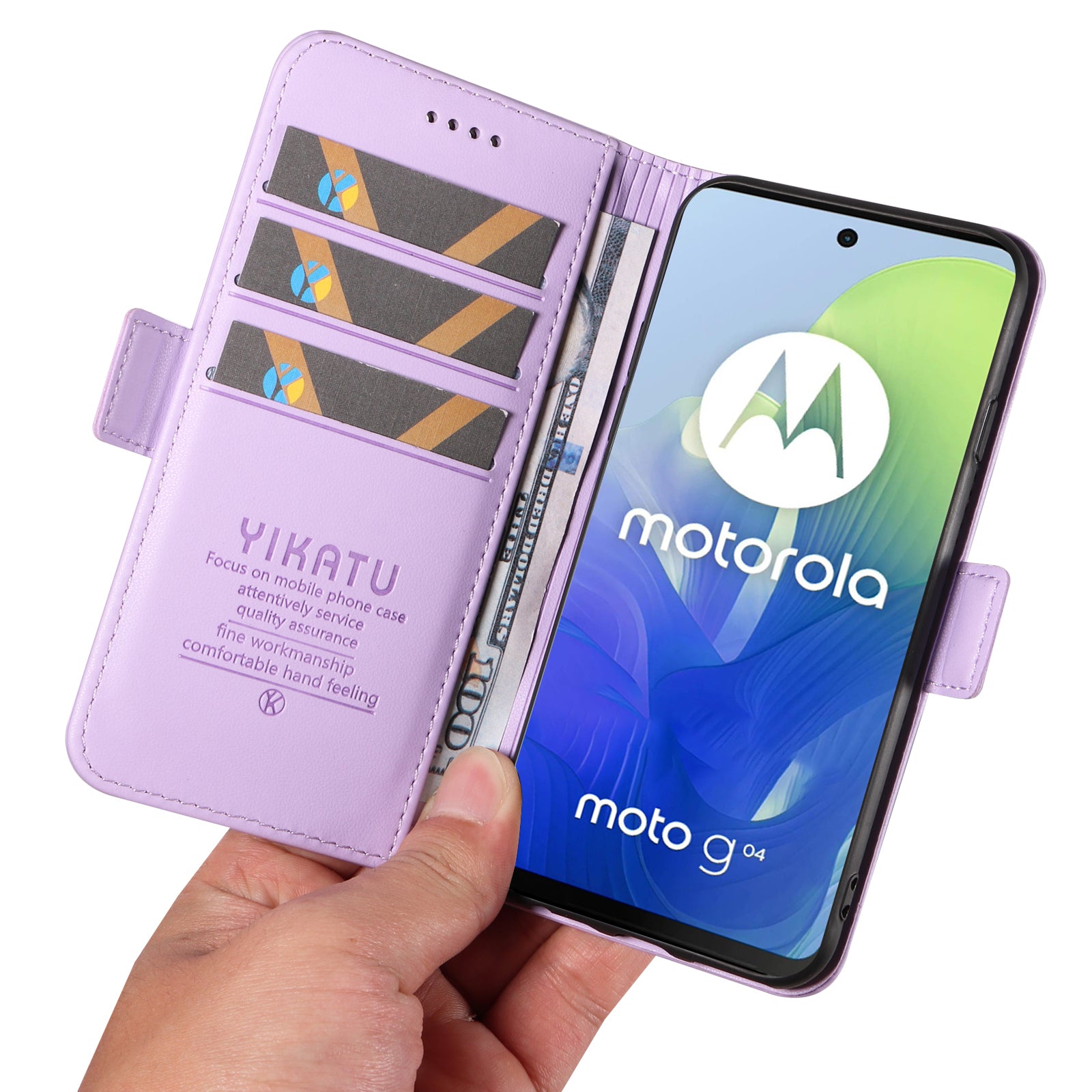 YIKATU YK-003 For Motorola Moto G04 4G / G24 4G Case PU Leather Stand Shockproof Phone Cover - Light Purple