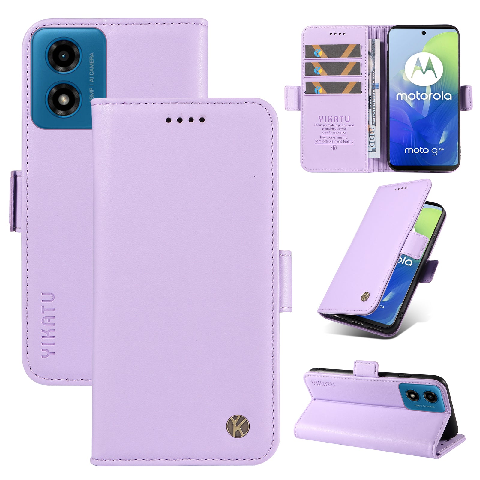 YIKATU YK-003 For Motorola Moto G04 4G / G24 4G Case PU Leather Stand Shockproof Phone Cover - Light Purple