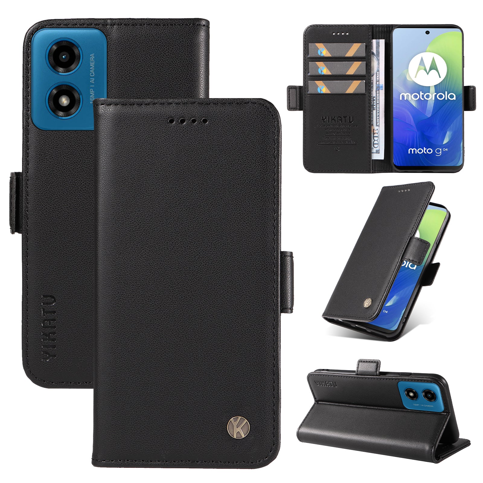 YIKATU YK-003 For Motorola Moto G04 4G / G24 4G Case PU Leather Stand Shockproof Phone Cover - Black