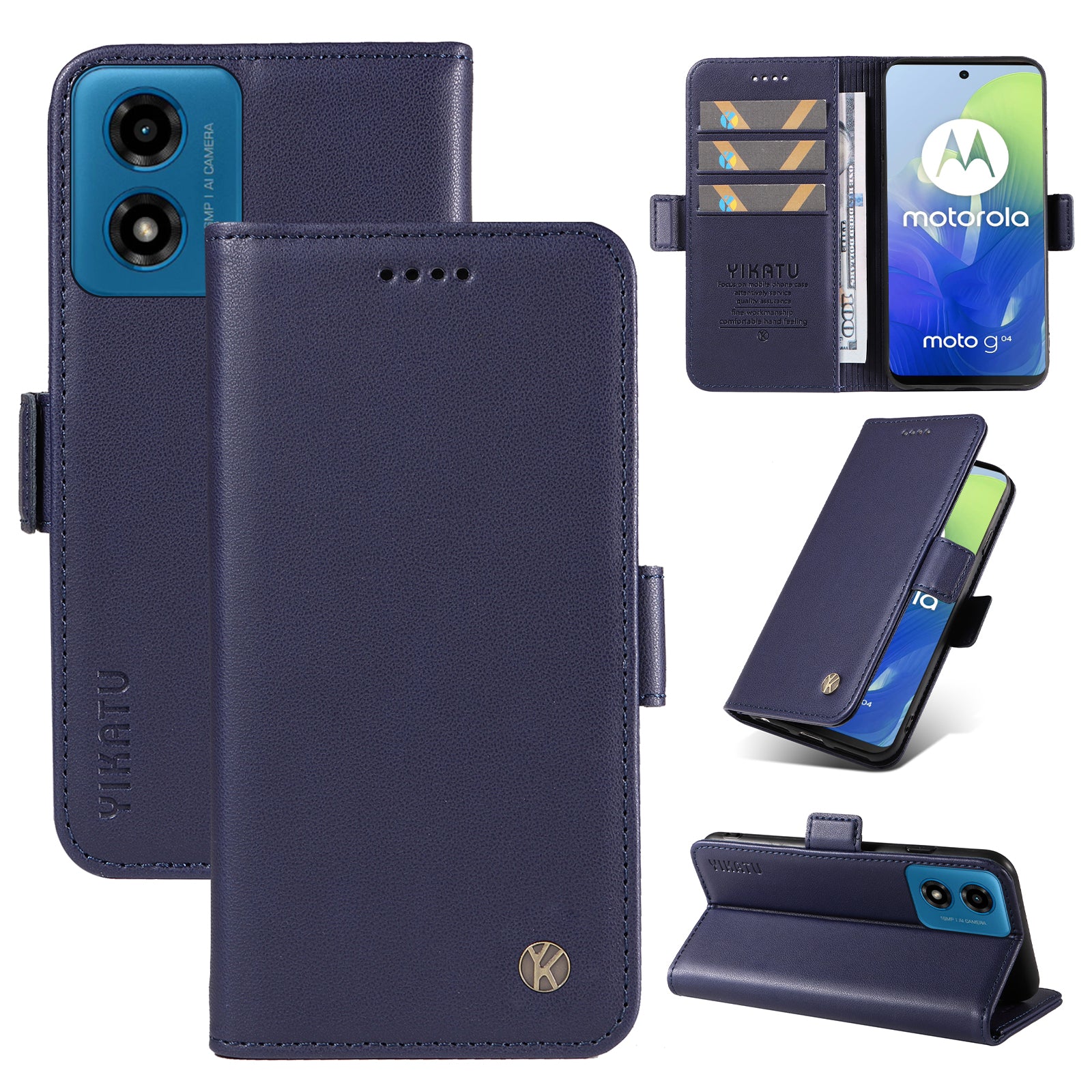 YIKATU YK-003 For Motorola Moto G04 4G / G24 4G Case PU Leather Stand Shockproof Phone Cover - Sapphire