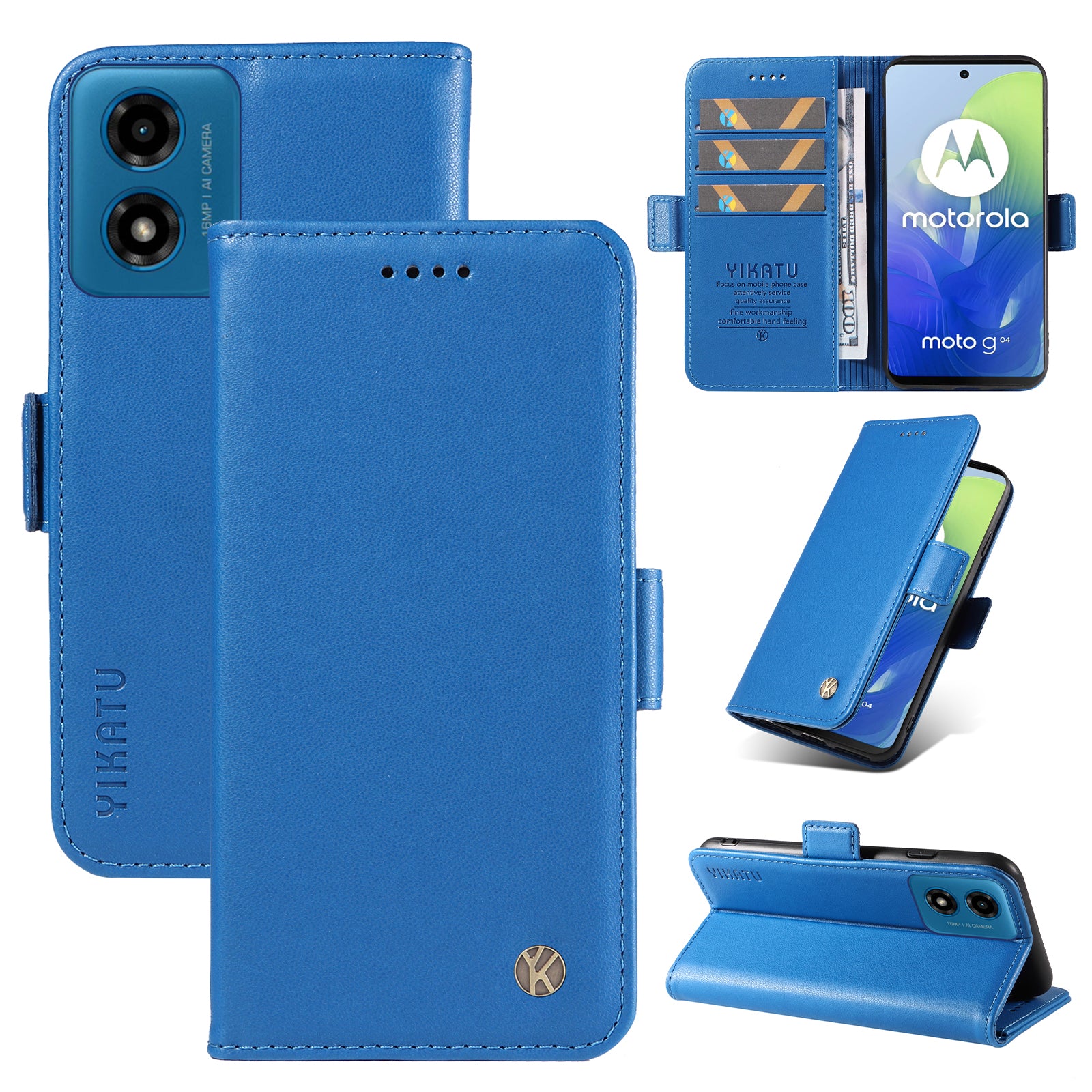 YIKATU YK-003 For Motorola Moto G04 4G / G24 4G Case PU Leather Stand Shockproof Phone Cover - Sky Blue