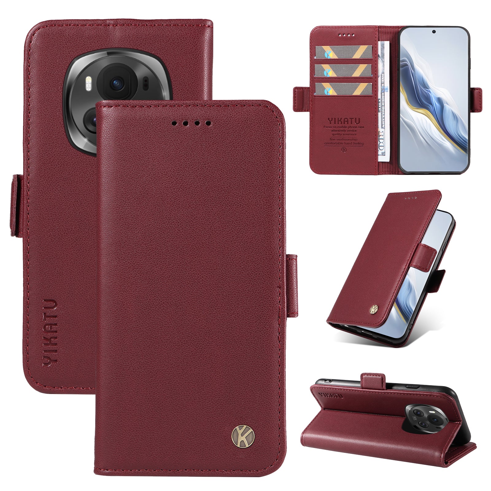 YIKATU YK-003 For Honor Magic6 5G Case PU Leather Stand Protective Phone Cover - Wine Red