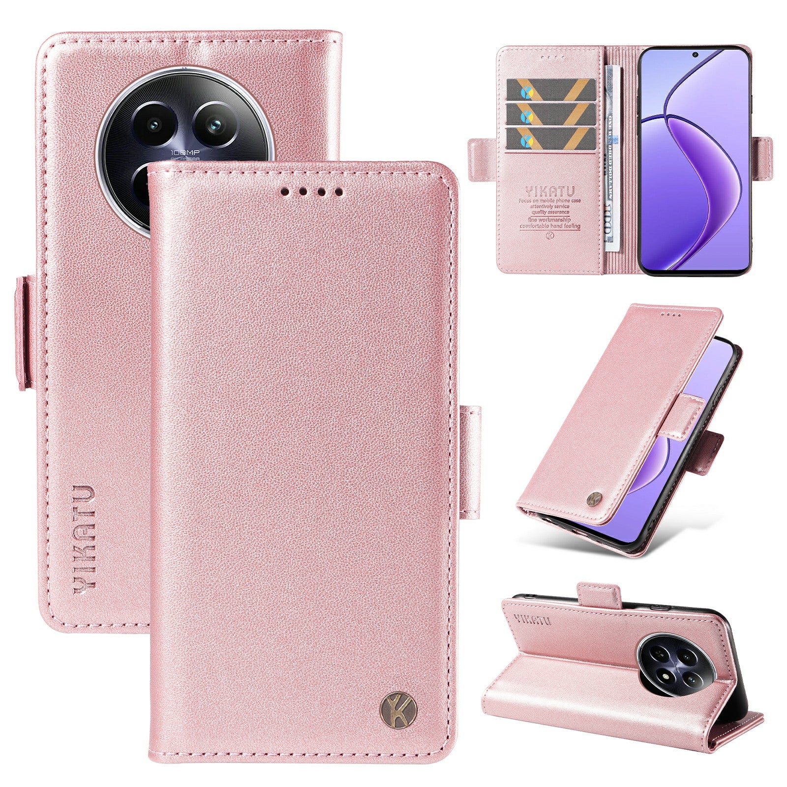 YIKATU YK-003 For Realme 12 Leather Case Wallet Cover Phone Accessories Distributors - Rose Gold