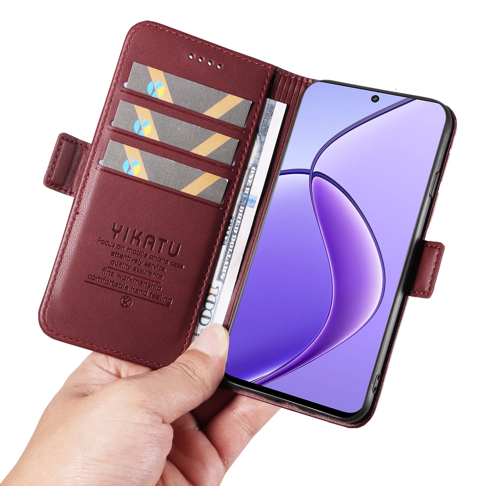 YIKATU YK-003 For Realme 12 Leather Case Wallet Cover Phone Accessories Distributors - Wine Red