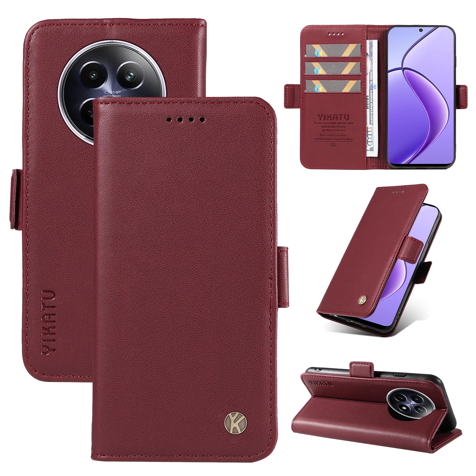 YIKATU YK-003 For Realme 12 Leather Case Wallet Cover Phone Accessories Distributors - Wine Red