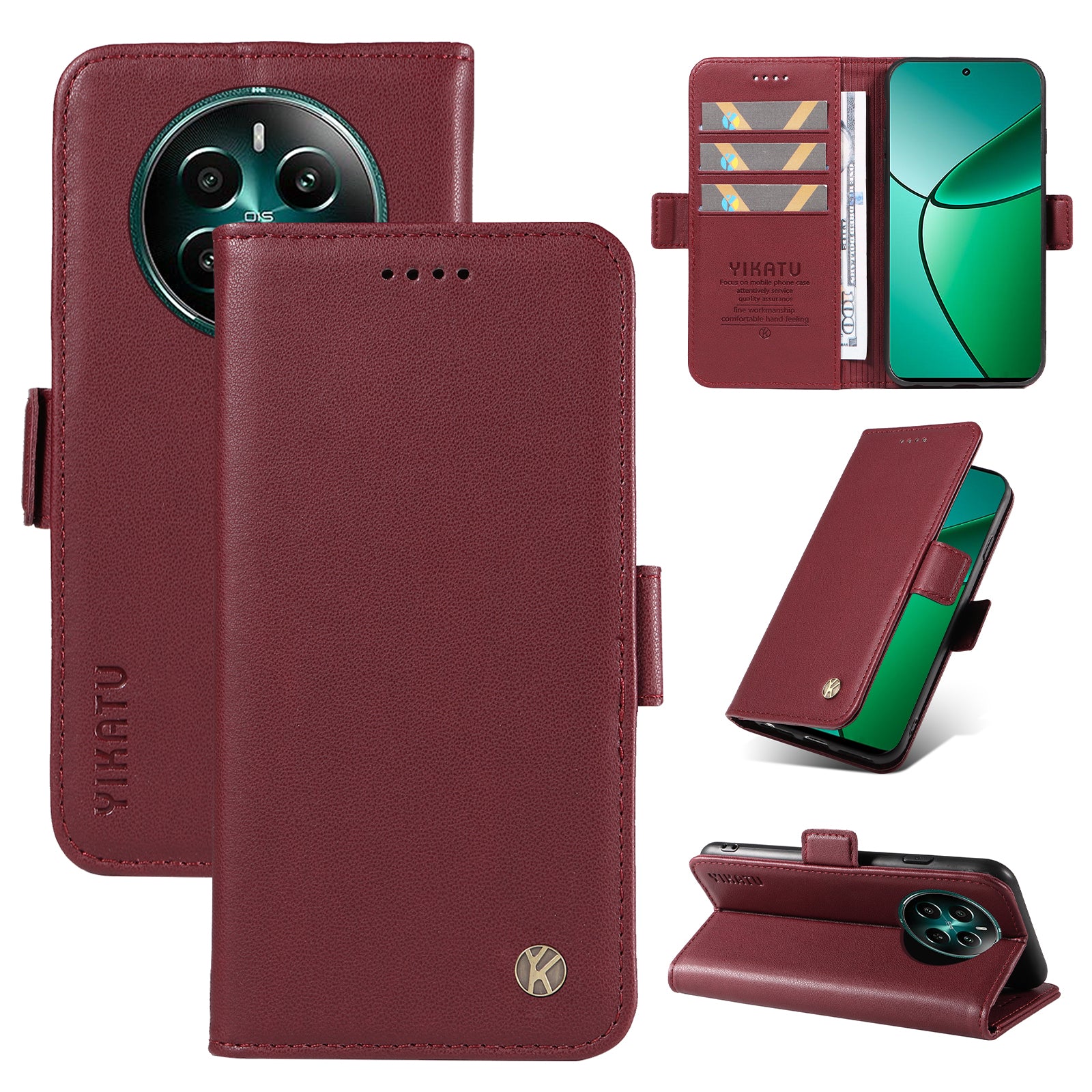 YIKATU YK-003 For Realme 12+ 5G Case Wallet PU Leather+TPU Cover Phone Accessories Distributors - Wine Red