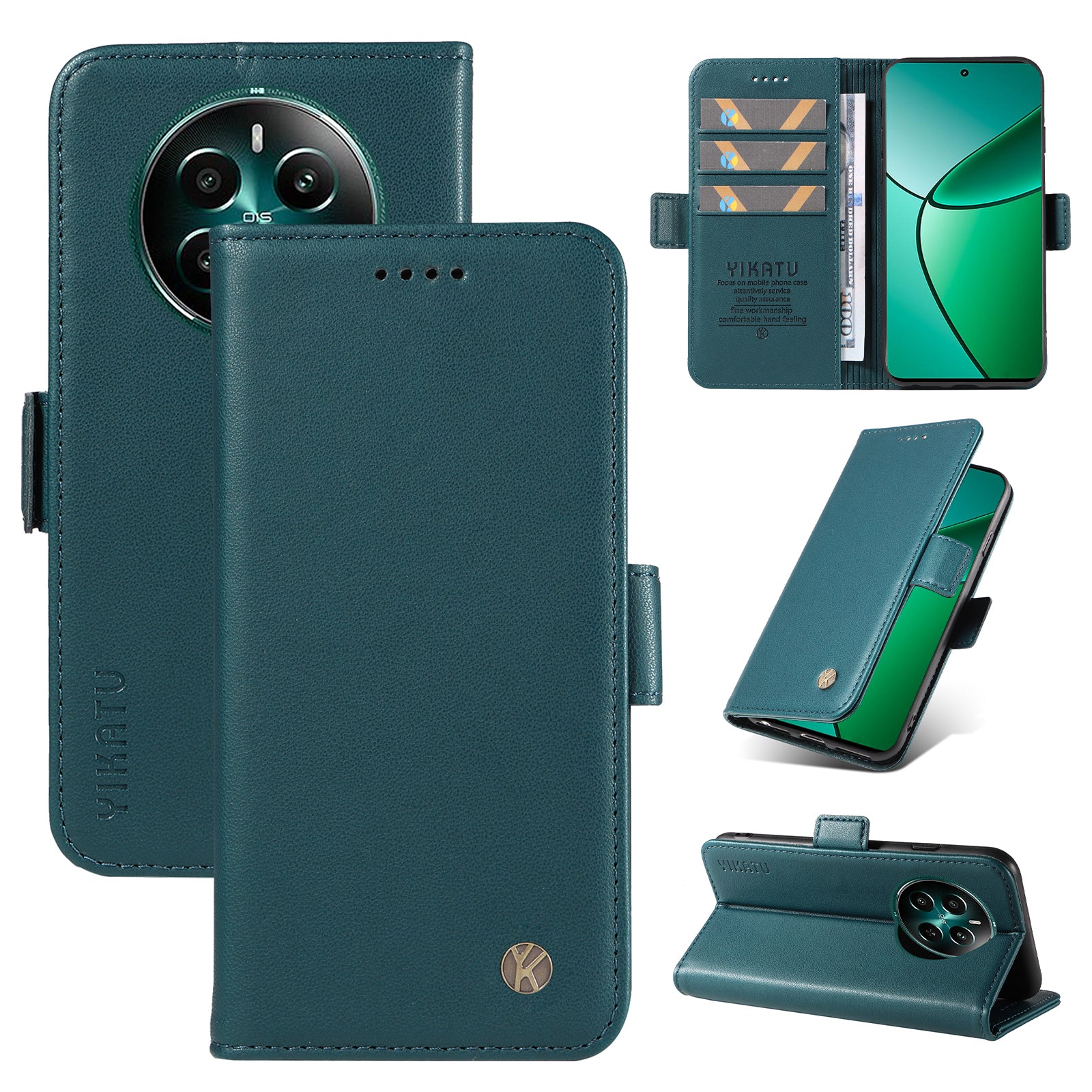 YIKATU YK-003 For Realme 12+ 5G Case Wallet PU Leather+TPU Cover Phone Accessories Distributors - Green