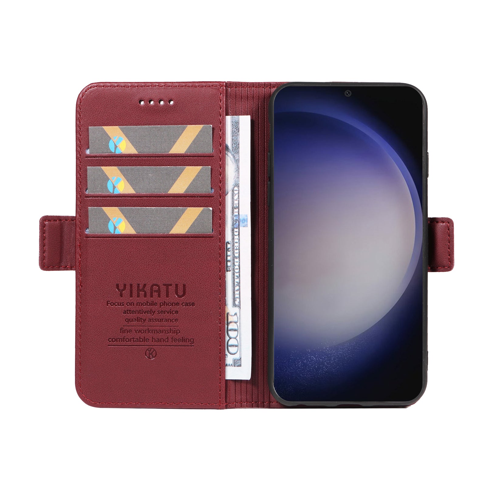 YIKATU YK-003 For Samsung Galaxy S24 Case PU Leather Folio Wallet Phone Cover - Wine Red
