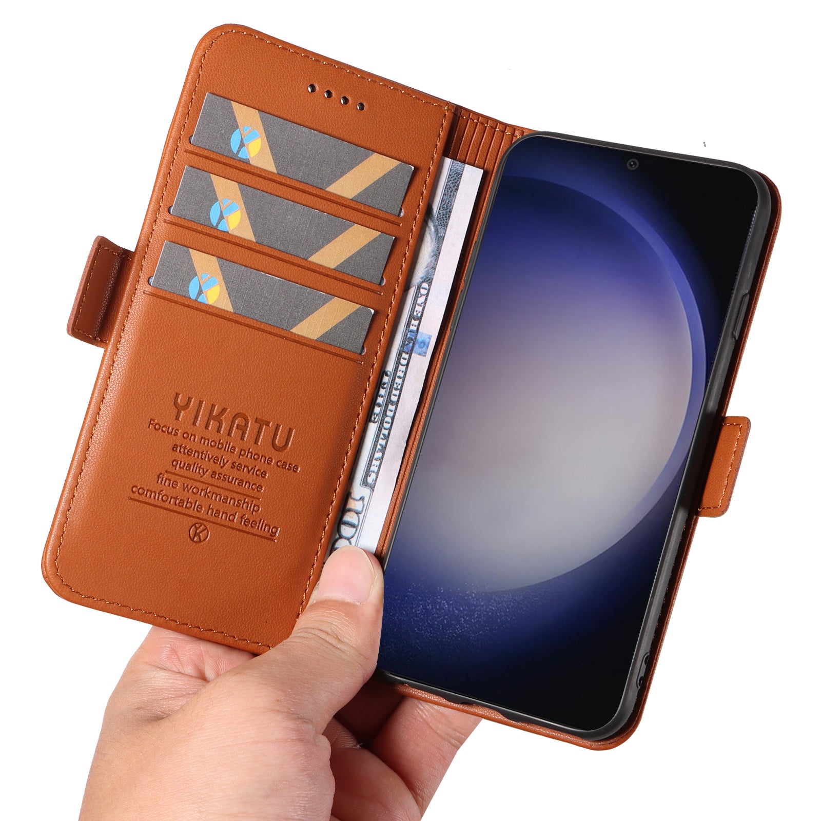YIKATU YK-003 For Samsung Galaxy S24 Case PU Leather Folio Wallet Phone Cover - Brown