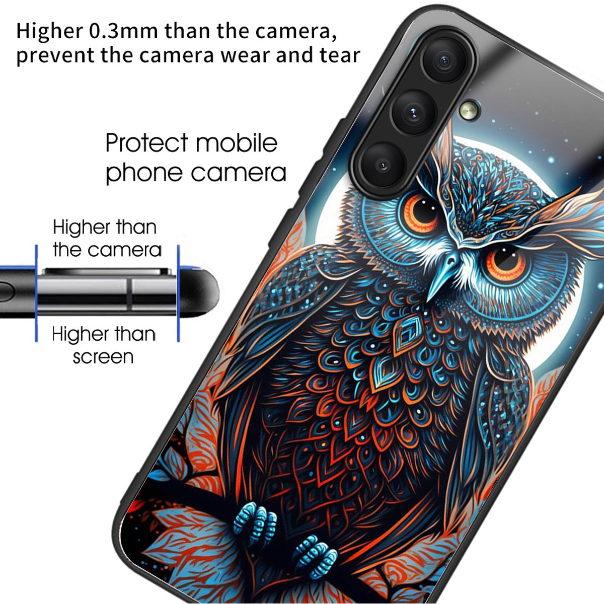 For Samsung Galaxy A24 4G (162.1 x 77.6 x 8.3mm) Case Tempered Glass Pattern Camera Lens Protection Phone Cover - Owl