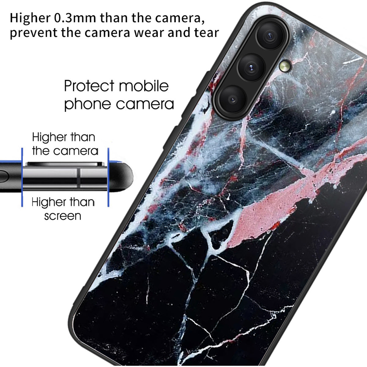 For Samsung Galaxy A24 4G (162.1 x 77.6 x 8.3mm) Case Tempered Glass Pattern Camera Lens Protection Phone Cover - Black Marble