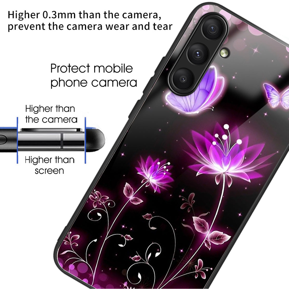 For Samsung Galaxy A24 4G (162.1 x 77.6 x 8.3mm) Case Tempered Glass Pattern Camera Lens Protection Phone Cover - Fluorescent Lotus