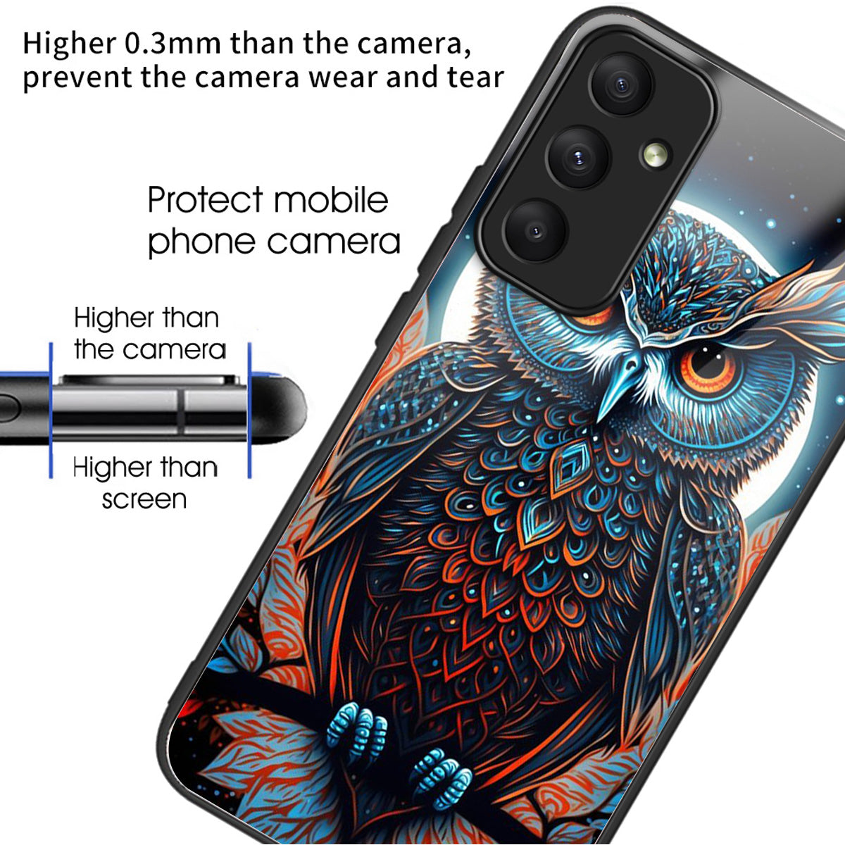 For Samsung Galaxy A55 5G Tempered Glass Case TPU Frame Pattern Print Phone Cover - Owl