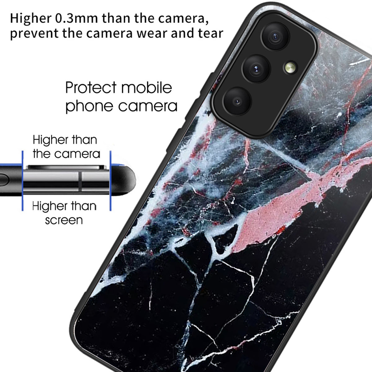 For Samsung Galaxy A55 5G Tempered Glass Case TPU Frame Pattern Print Phone Cover - Black Marble