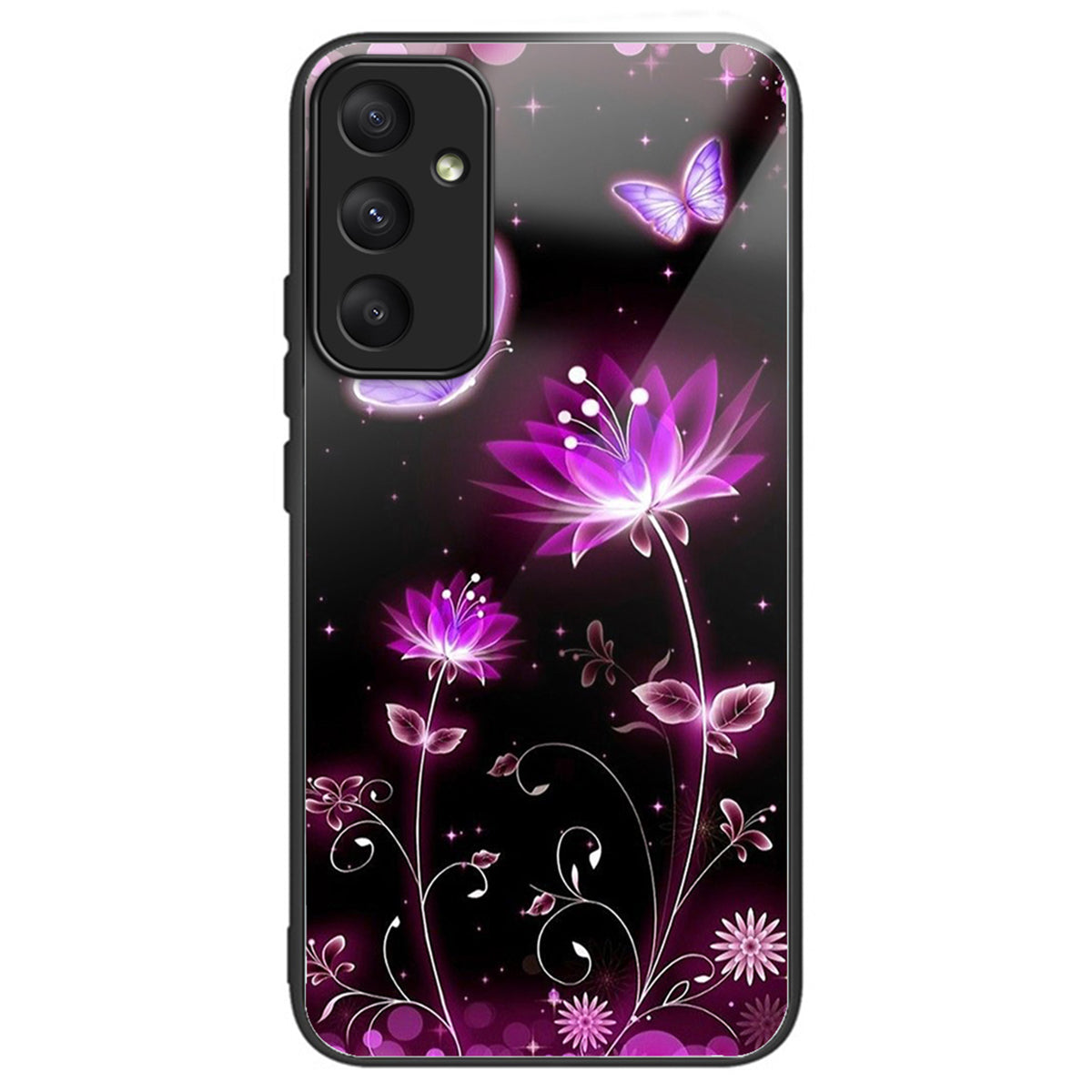 For Samsung Galaxy A55 5G Tempered Glass Case TPU Frame Pattern Print Phone Cover - Fluorescent Lotus