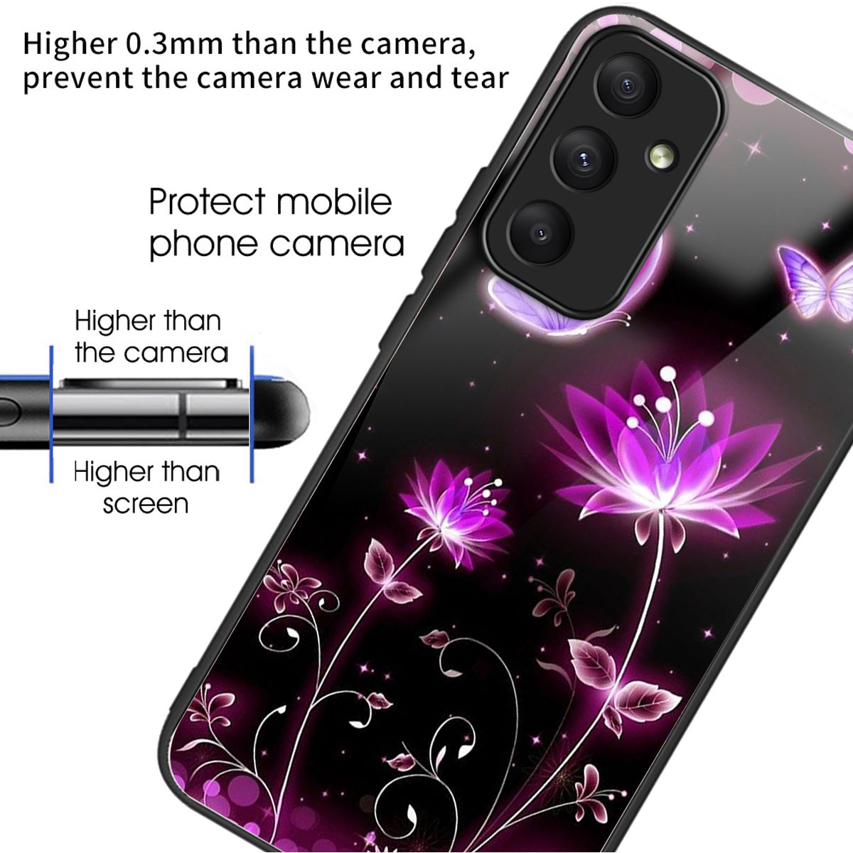 For Samsung Galaxy A55 5G Tempered Glass Case TPU Frame Pattern Print Phone Cover - Fluorescent Lotus