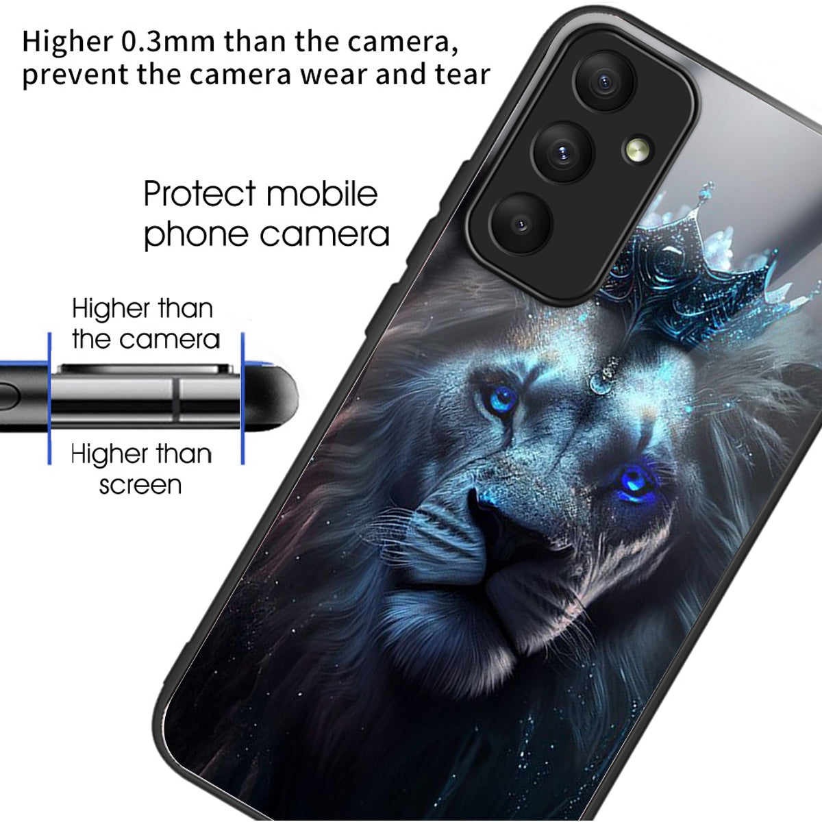 For Samsung Galaxy A34 5G Tempered Glass Case Pattern Printing TPU Frame Phone Cover - Blue Lion
