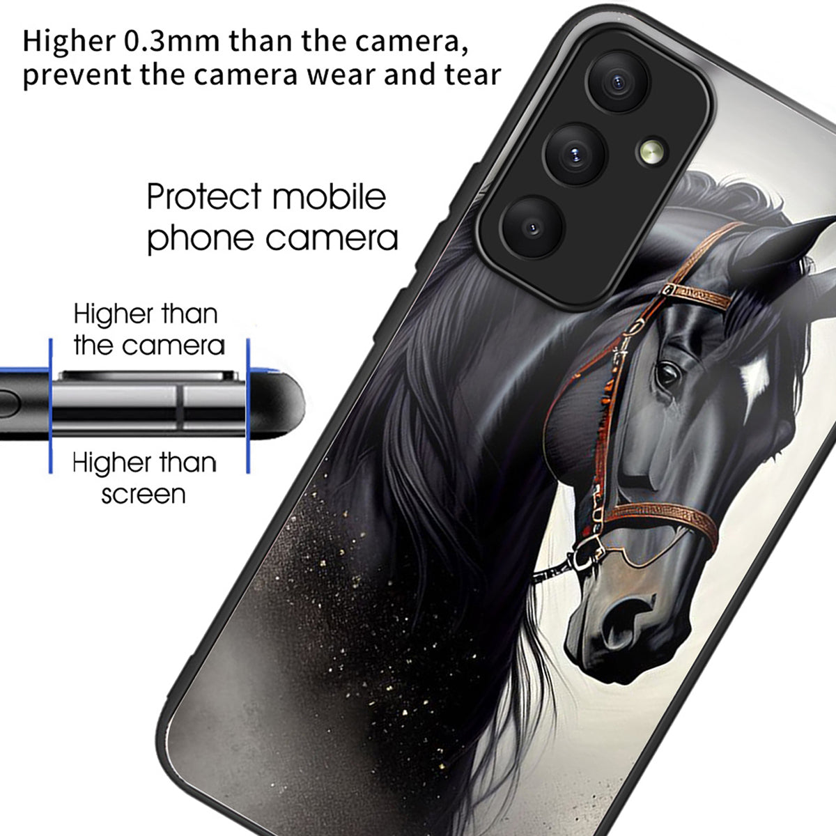 For Samsung Galaxy A34 5G Tempered Glass Case Pattern Printing TPU Frame Phone Cover - Horse