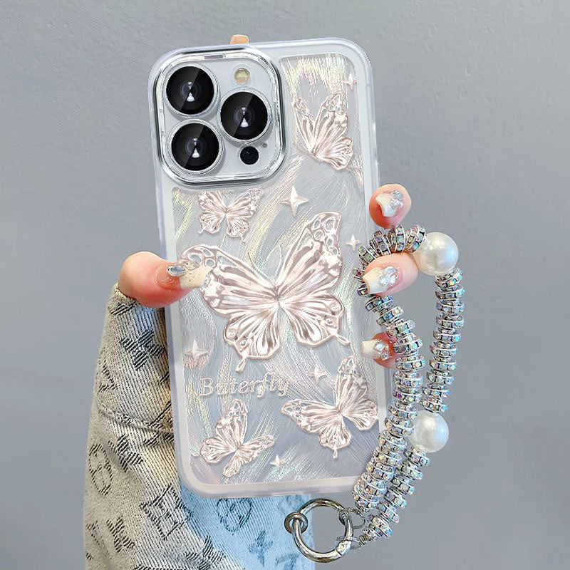 For iPhone 12 Pro Max Case Creative Silver Butterfly TPU Phone Cover with Phone Chain