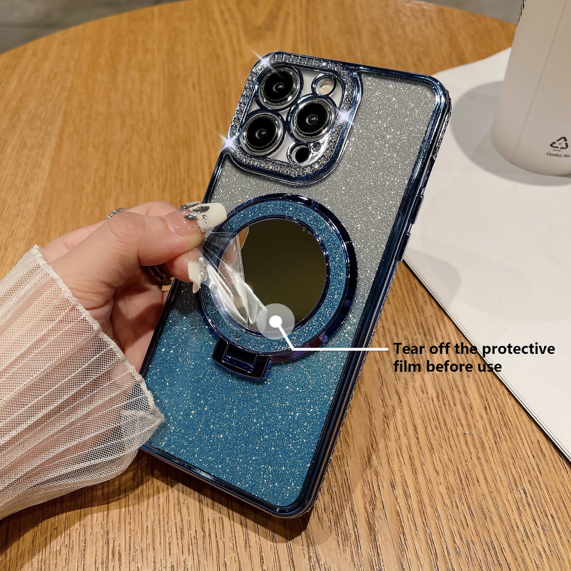 Wholesale Phone Case for iPhone 12 Pro Max Magnetic TPU Phone Cover with PC Kickstand+Acrylic Mirror - Blue