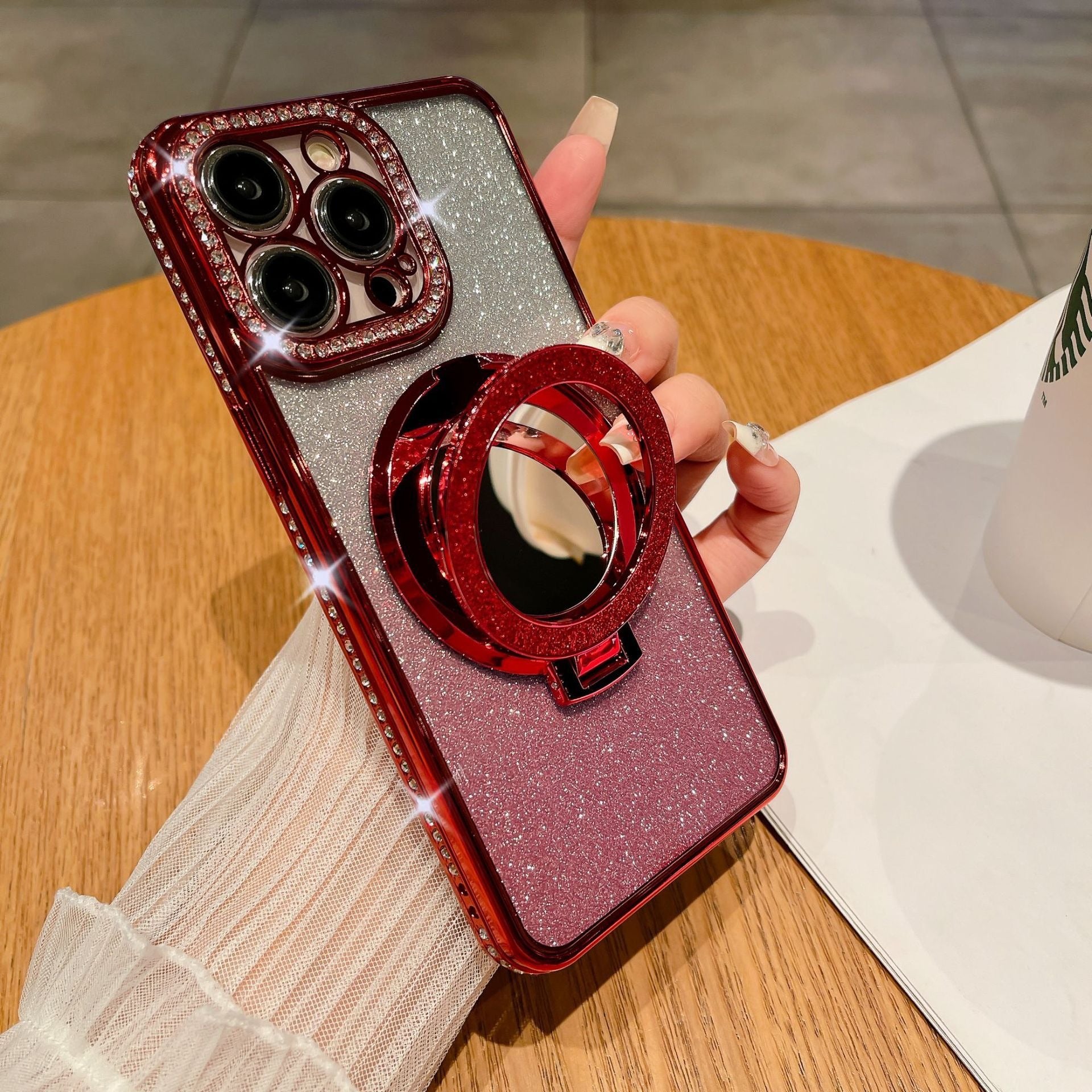 Wholesale Phone Case for iPhone 12 Pro Max Magnetic TPU Phone Cover with PC Kickstand+Acrylic Mirror - Red