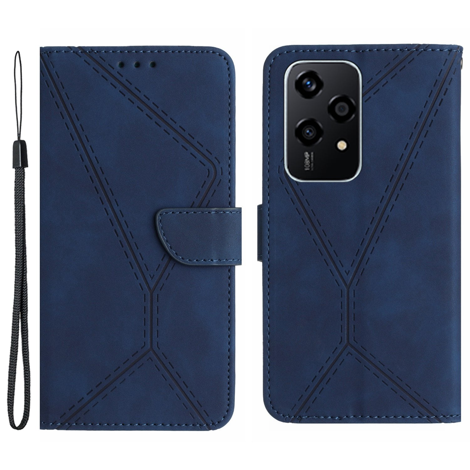 HT05 For Honor 200 Lite Case Lines Imprinted Leather Flip Magnetic Phone Cover - Blue