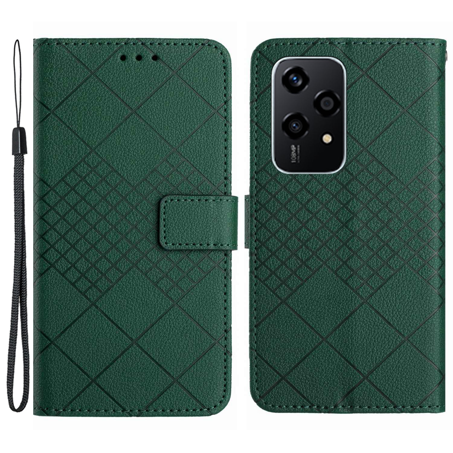 HT06 For Honor 200 Lite Magnetic Phone Case Rhombus Pattern Leather Stand Cover - Green