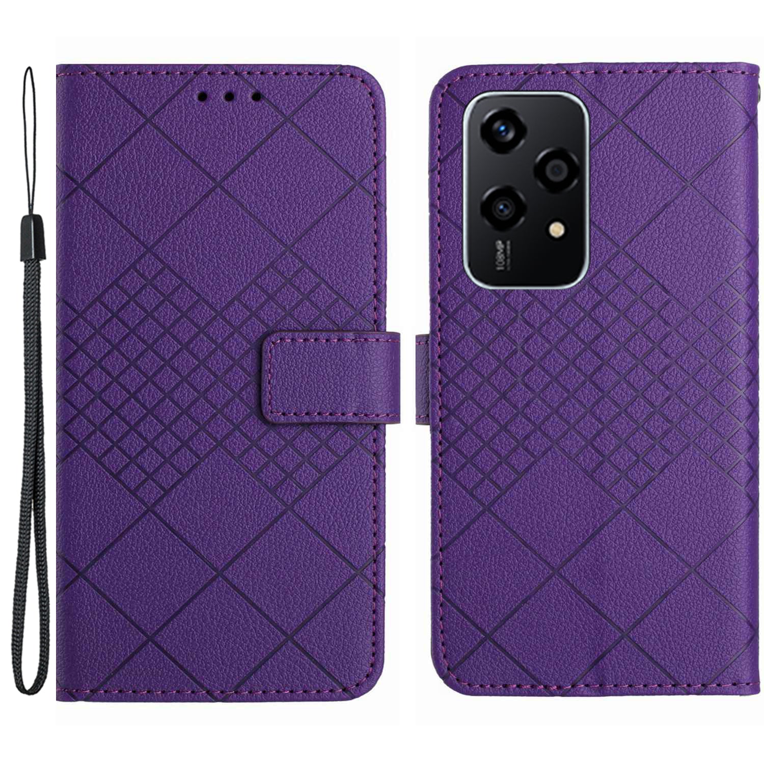 HT06 For Honor 200 Lite Magnetic Phone Case Rhombus Pattern Leather Stand Cover - Dark Purple