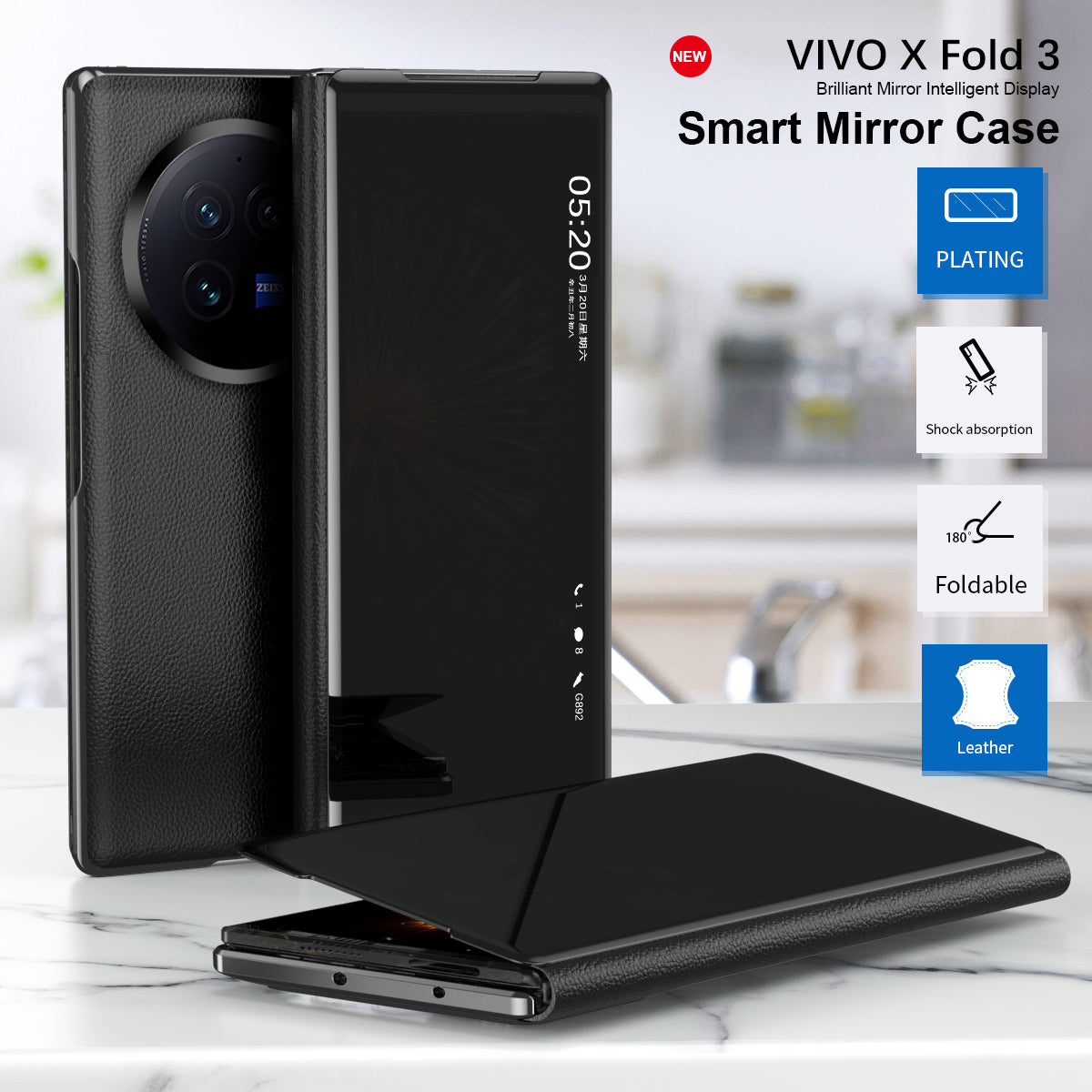 For vivo X Fold3 Leather Case Mirror Surface Electroplating Phone Cover with View Window - Black