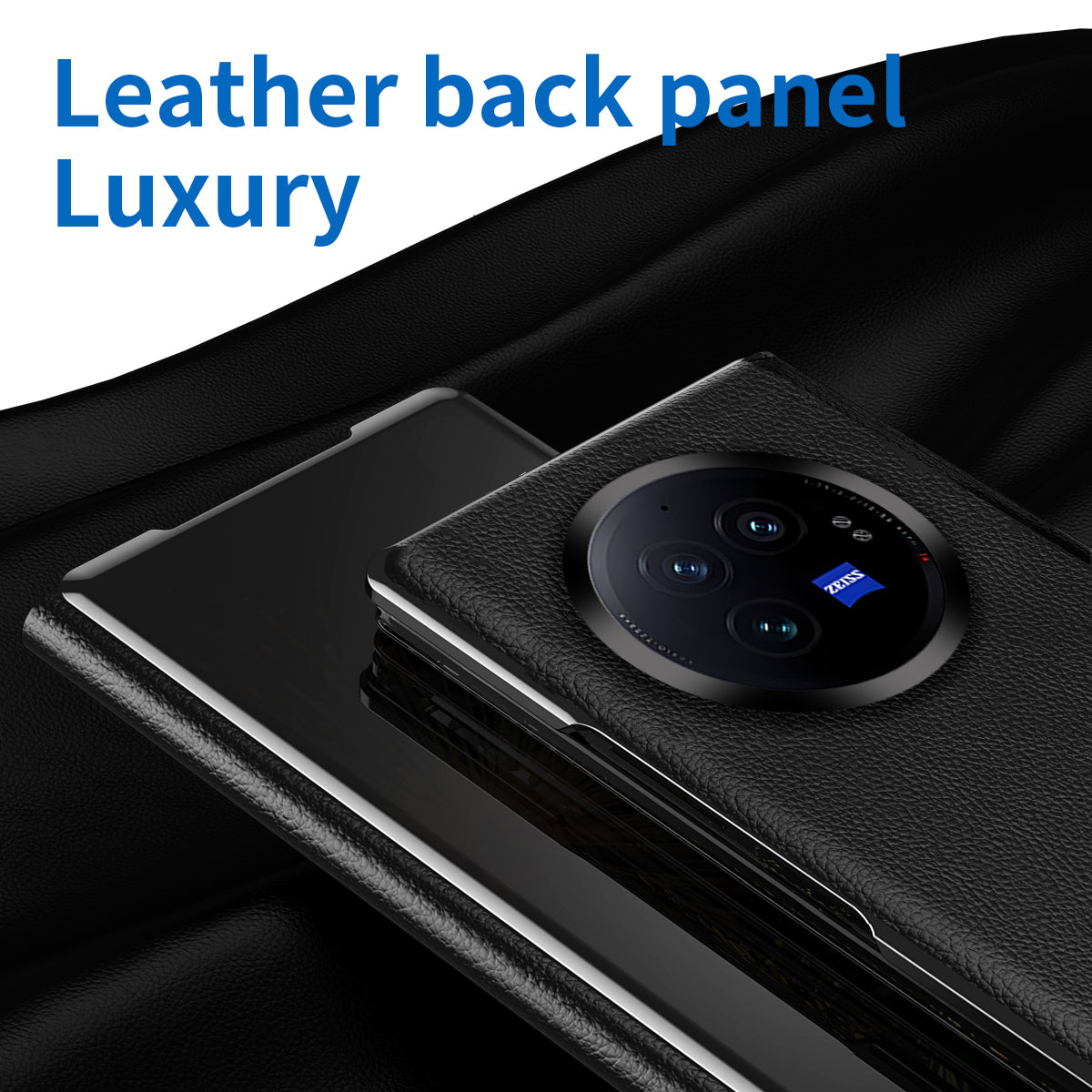 For vivo X Fold3 Leather Case Mirror Surface Electroplating Phone Cover with View Window - Black