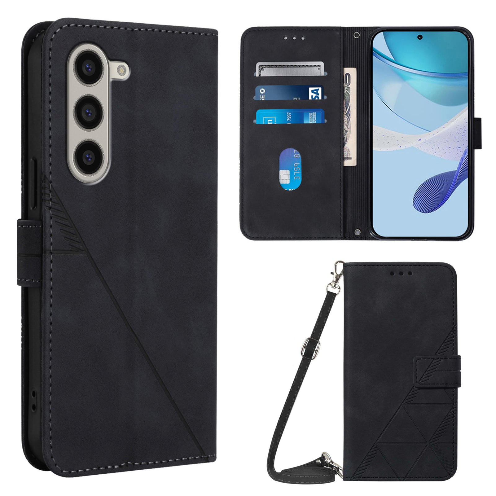 YB Imprinting Series-2 for Samsung Galaxy Z Fold6 5G Case PU Leather Imprinted Phone Cover with Shoulder Strap - Black