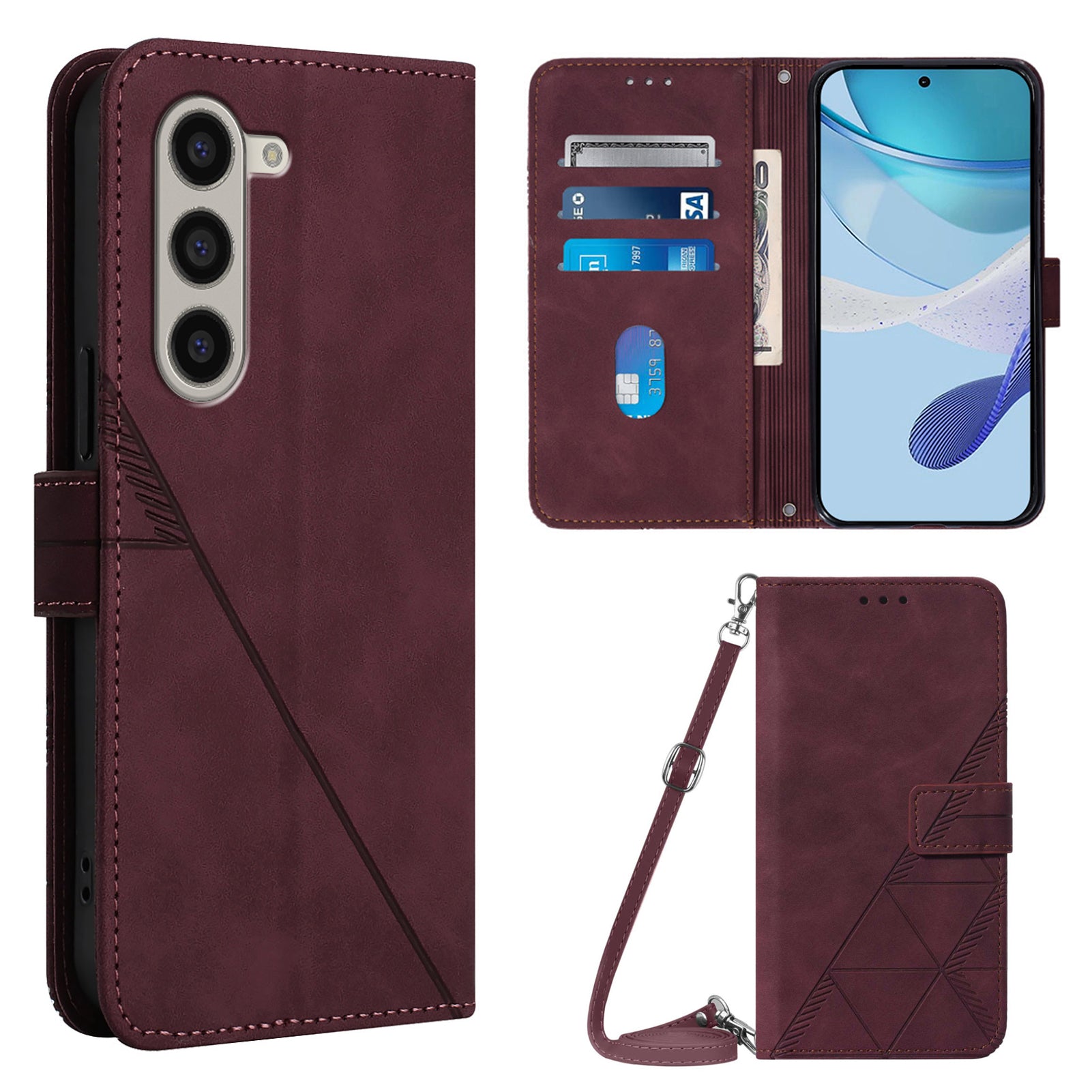 YB Imprinting Series-2 for Samsung Galaxy Z Fold6 5G Case PU Leather Imprinted Phone Cover with Shoulder Strap - Wine Red