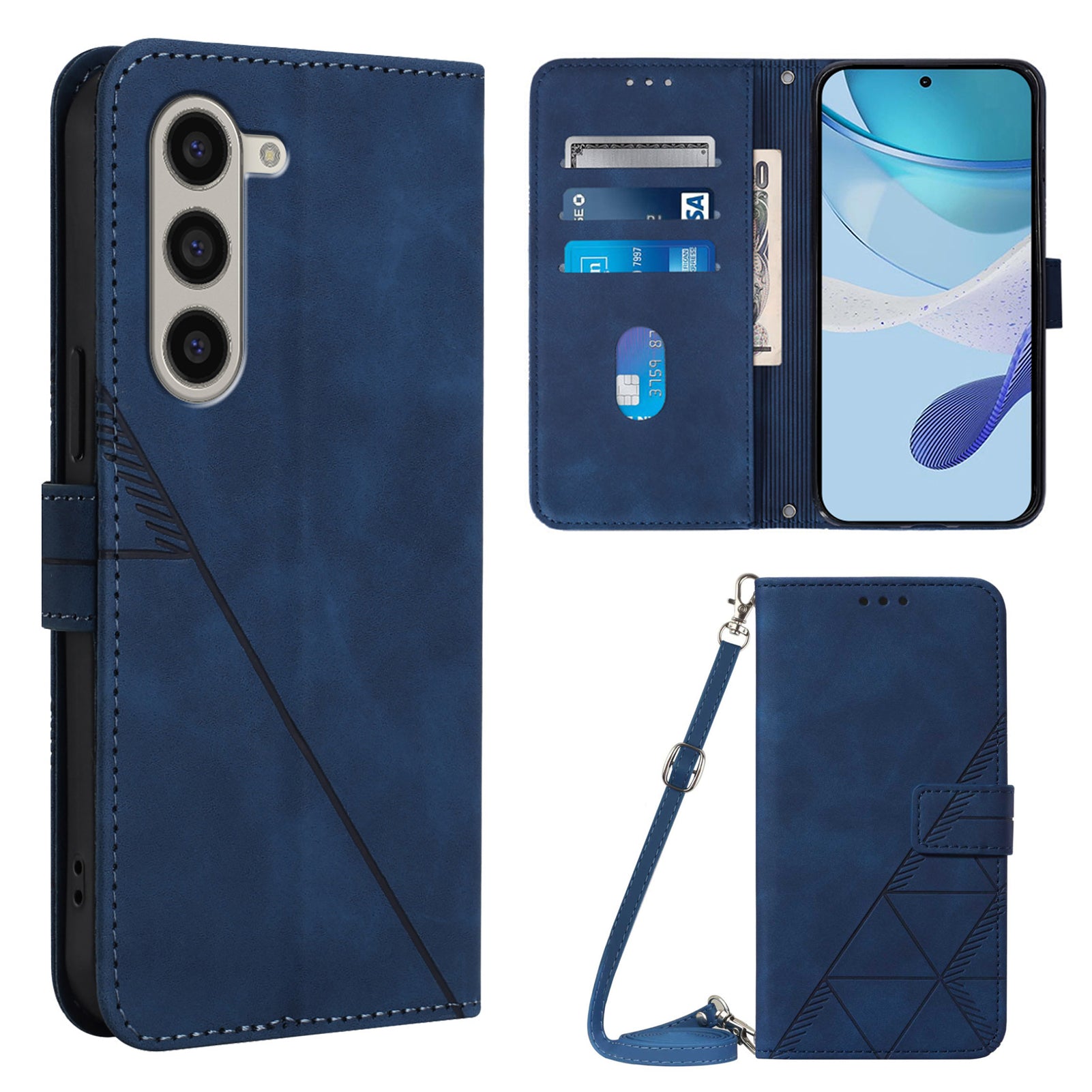 YB Imprinting Series-2 for Samsung Galaxy Z Fold6 5G Case PU Leather Imprinted Phone Cover with Shoulder Strap - Sapphire