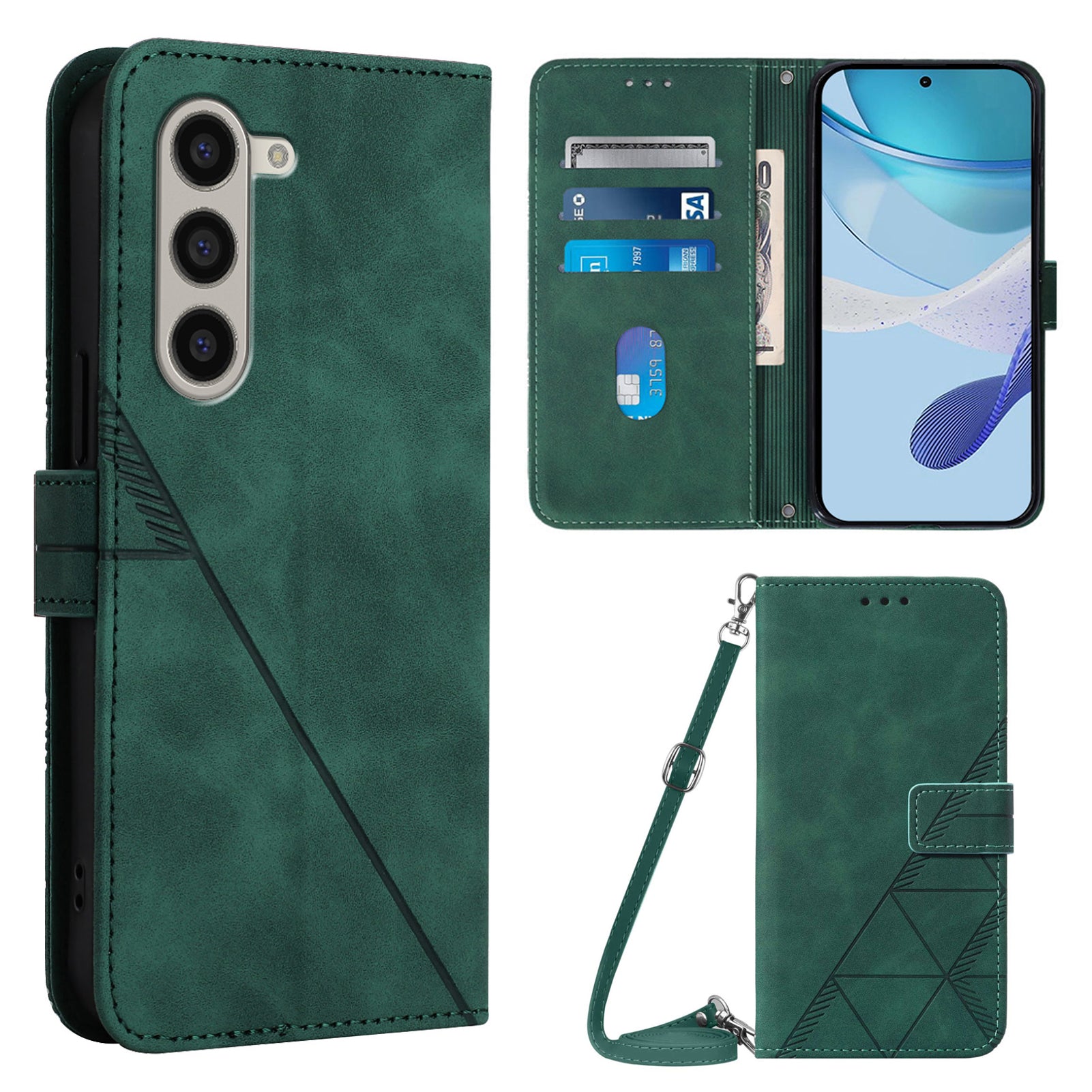 YB Imprinting Series-2 for Samsung Galaxy Z Fold6 5G Case PU Leather Imprinted Phone Cover with Shoulder Strap - Blackish Green