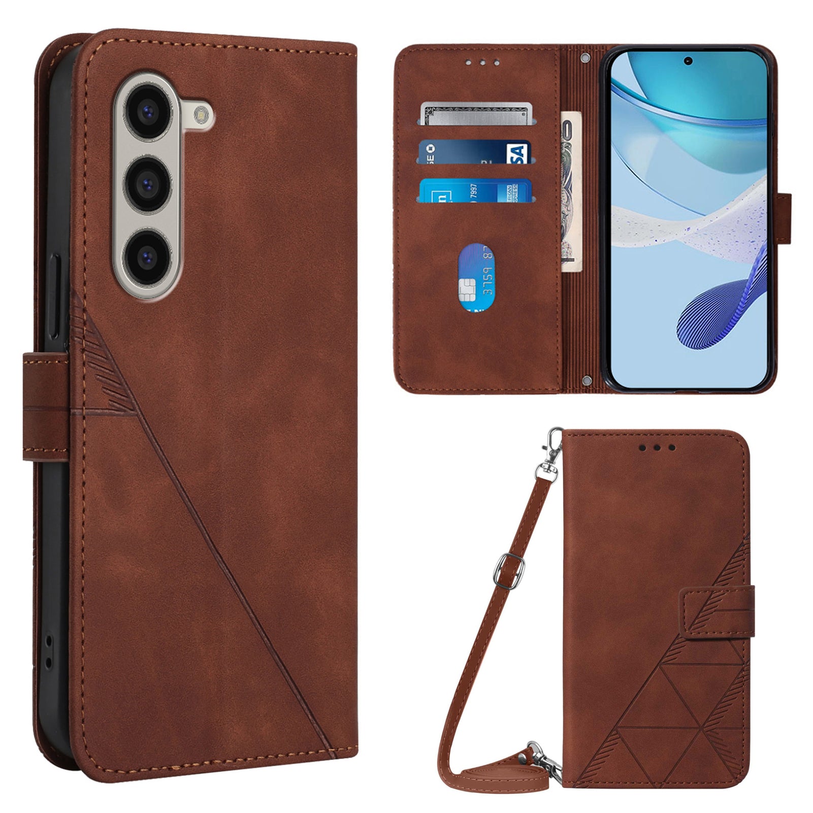 YB Imprinting Series-2 for Samsung Galaxy Z Fold6 5G Case PU Leather Imprinted Phone Cover with Shoulder Strap - Brown