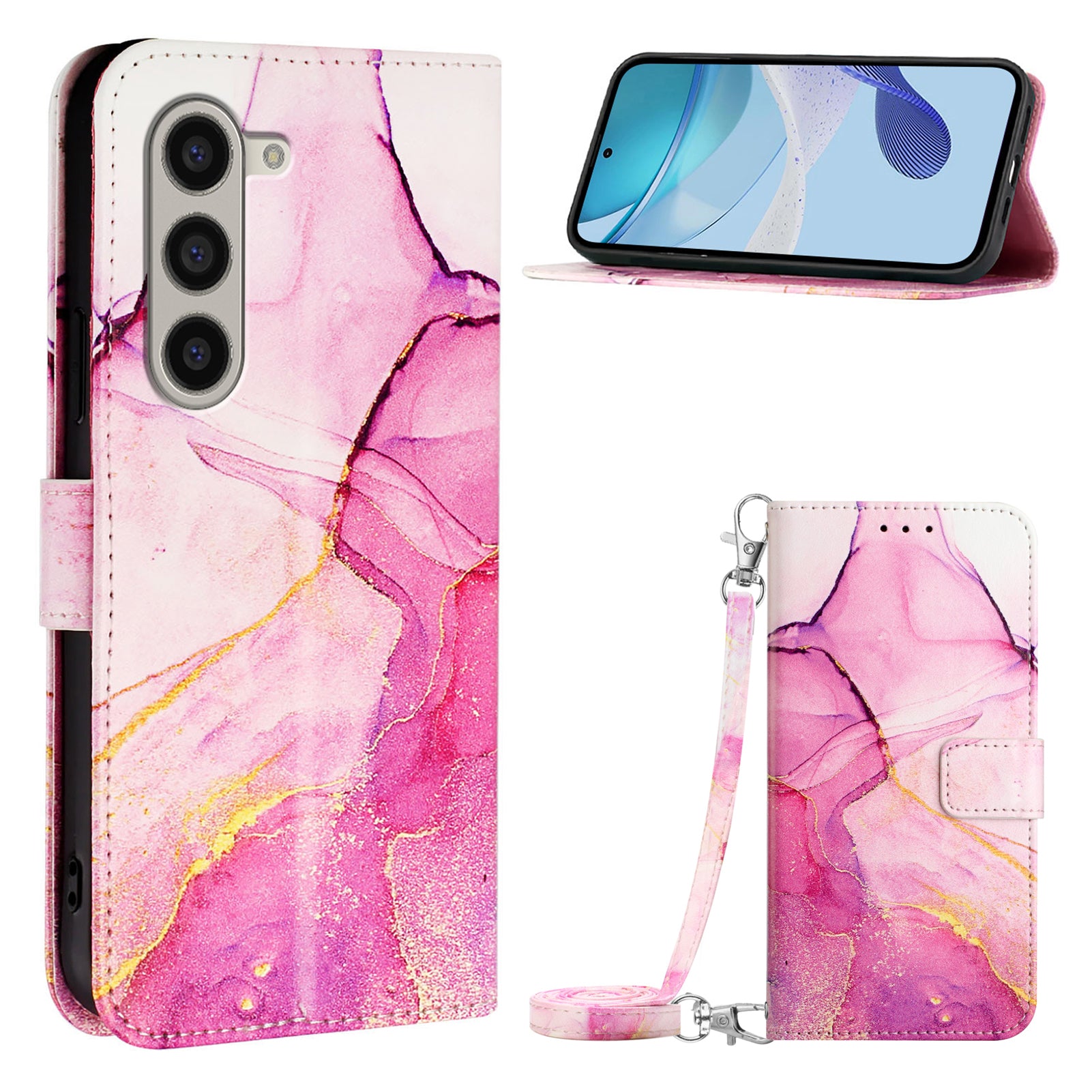 For Samsung Galaxy Z Fold6 5G Wallet Case Leather Phone Cover with Strap - Pink / Purple / Gold LS001