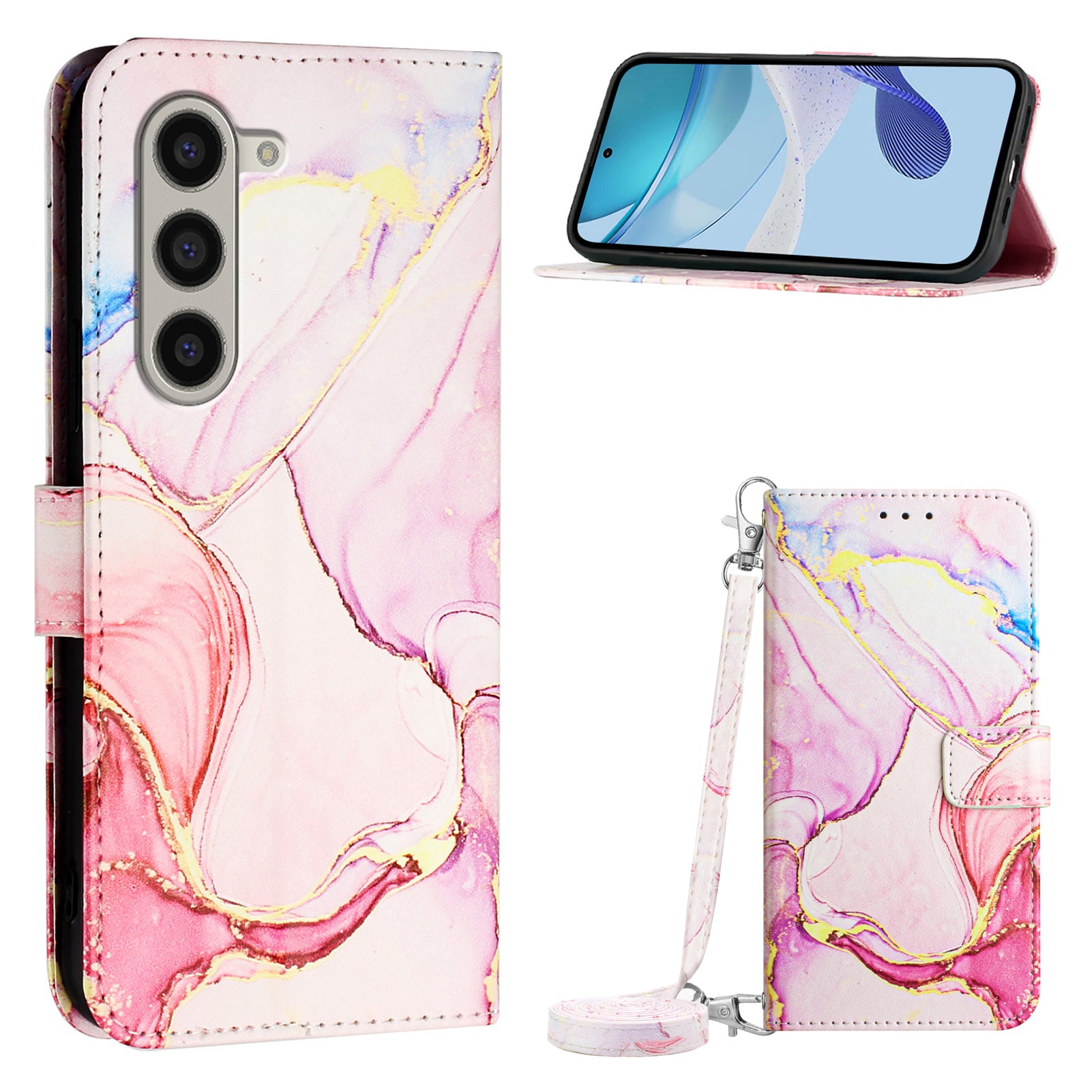 For Samsung Galaxy Z Fold6 5G Wallet Case Leather Phone Cover with Strap - Rose Gold LS005