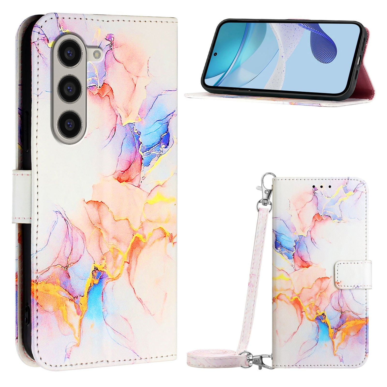 For Samsung Galaxy Z Fold6 5G Wallet Case Leather Phone Cover with Strap - Milky Way Marble White LS004