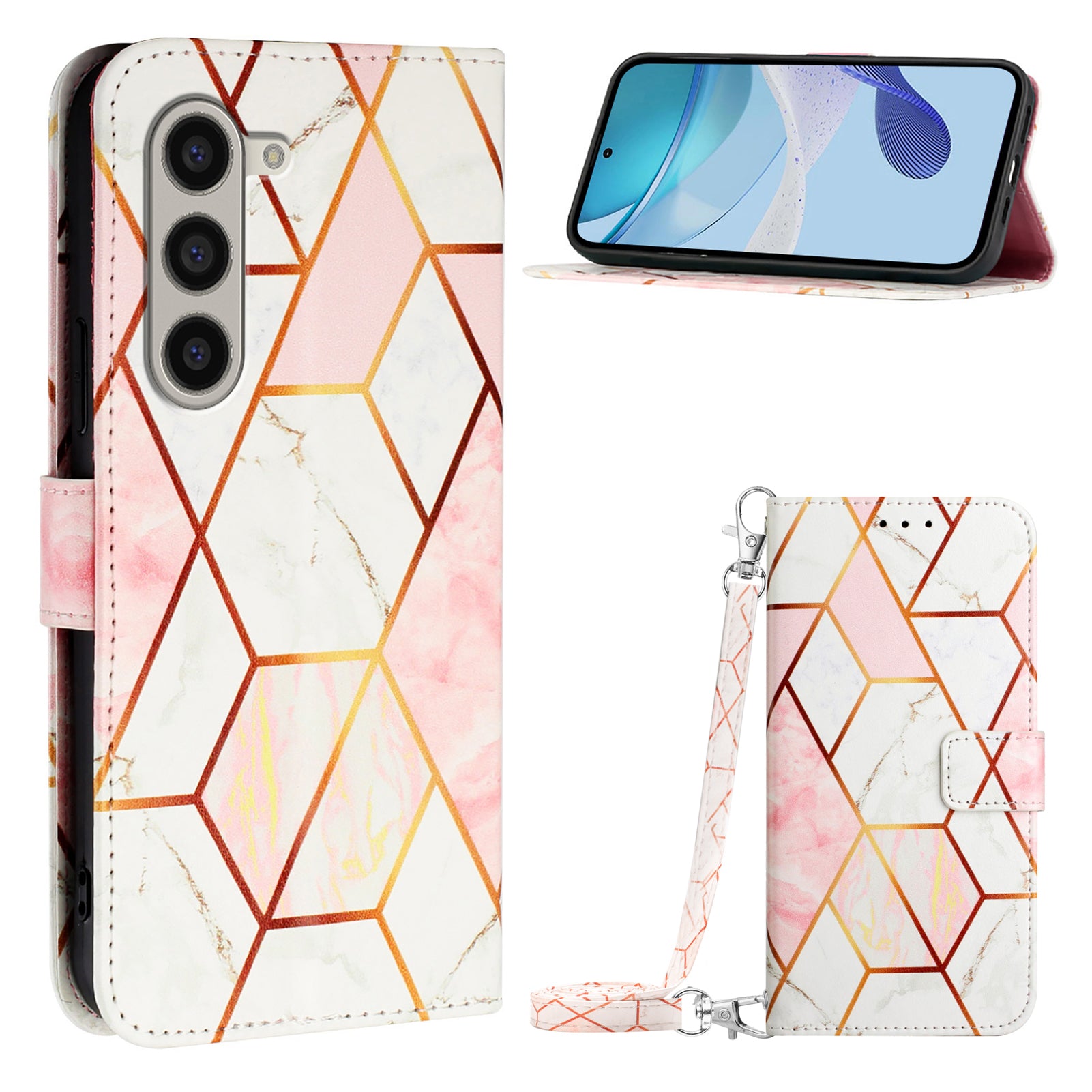 For Samsung Galaxy Z Fold6 5G Wallet Case Leather Phone Cover with Strap - Pink / White LS002