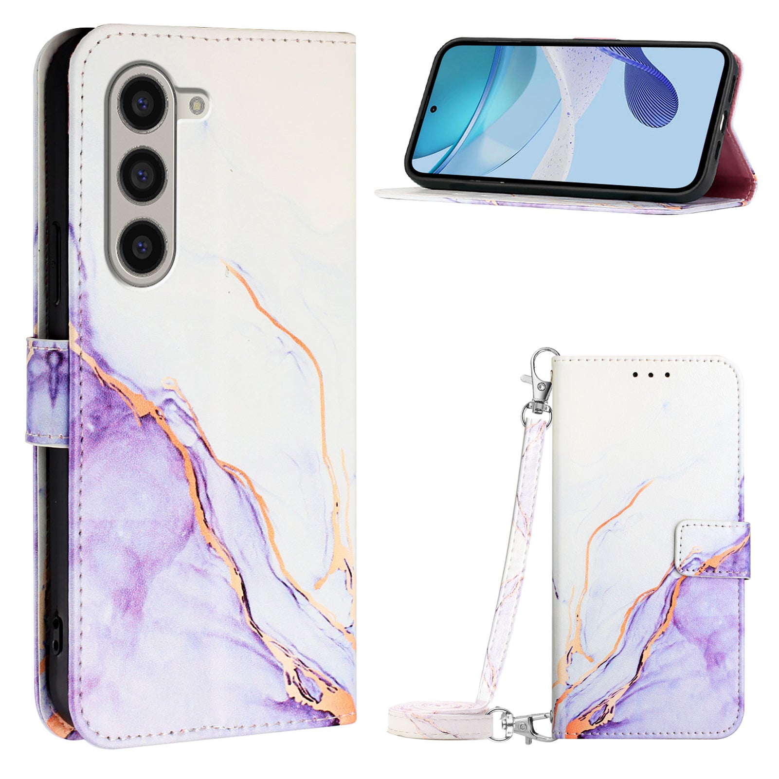 For Samsung Galaxy Z Fold6 5G Wallet Case Leather Phone Cover with Strap - White / Purple LS006