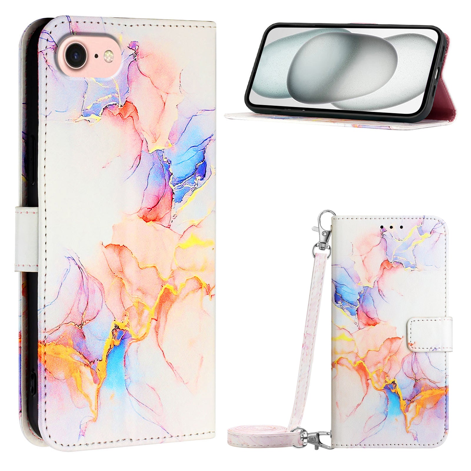 For Samsung Galaxy Z Fold6 5G Case with Strap Leather Wallet Phone Cover - Milky Way Marble White LS004