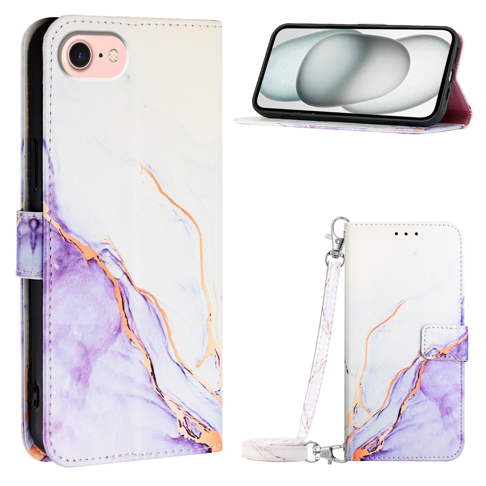 For Samsung Galaxy Z Fold6 5G Case with Strap Leather Wallet Phone Cover - White / Purple LS006