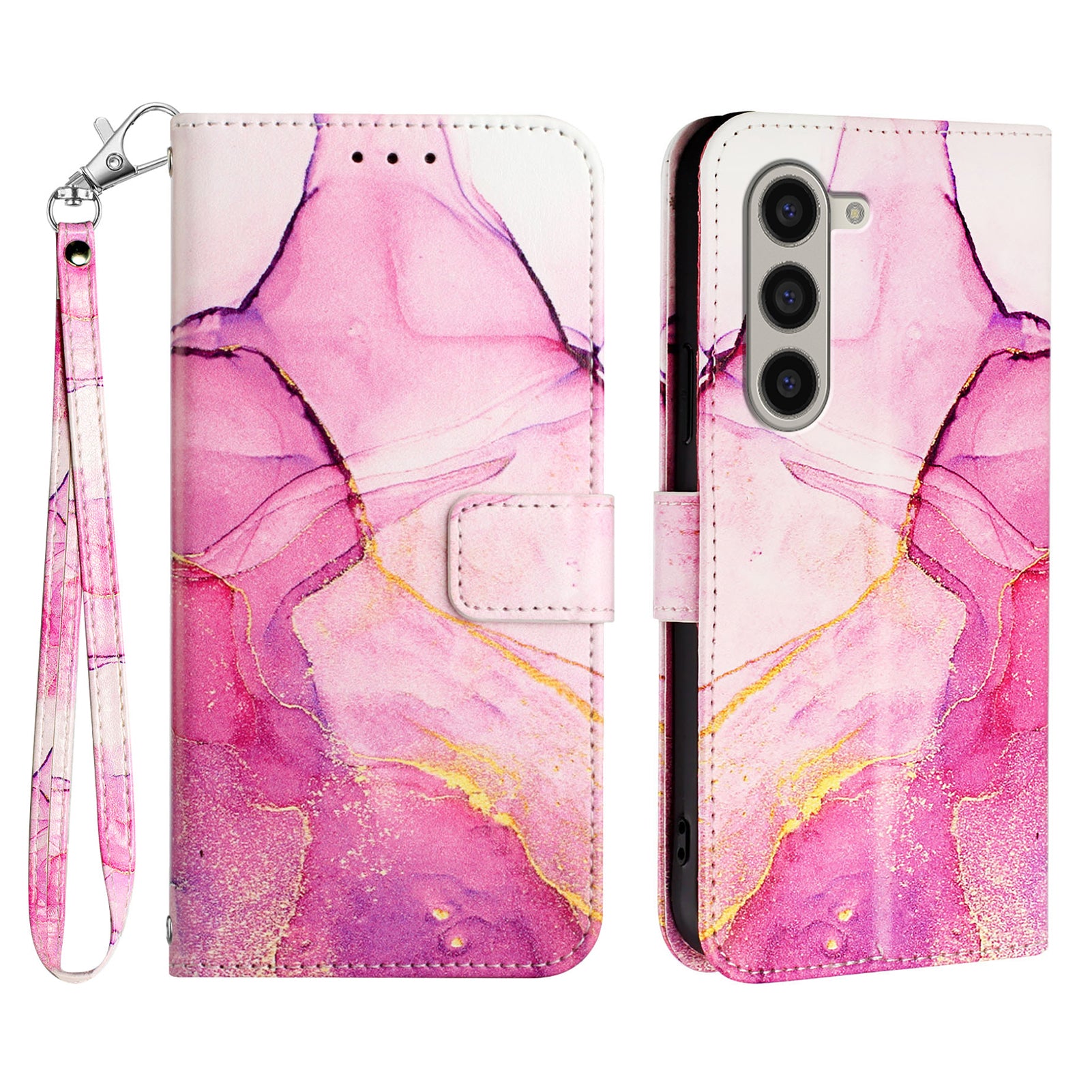 YB Pattern Printing Leather Series-5 For Samsung Galaxy Z Fold6 5G Case Flip Folio Marble Phone Cover - Pink+Purple+Gold LS001