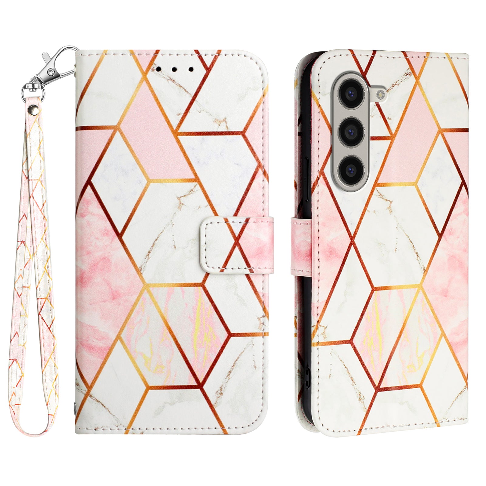 YB Pattern Printing Leather Series-5 For Samsung Galaxy Z Fold6 5G Case Flip Folio Marble Phone Cover - Pink+White LS002