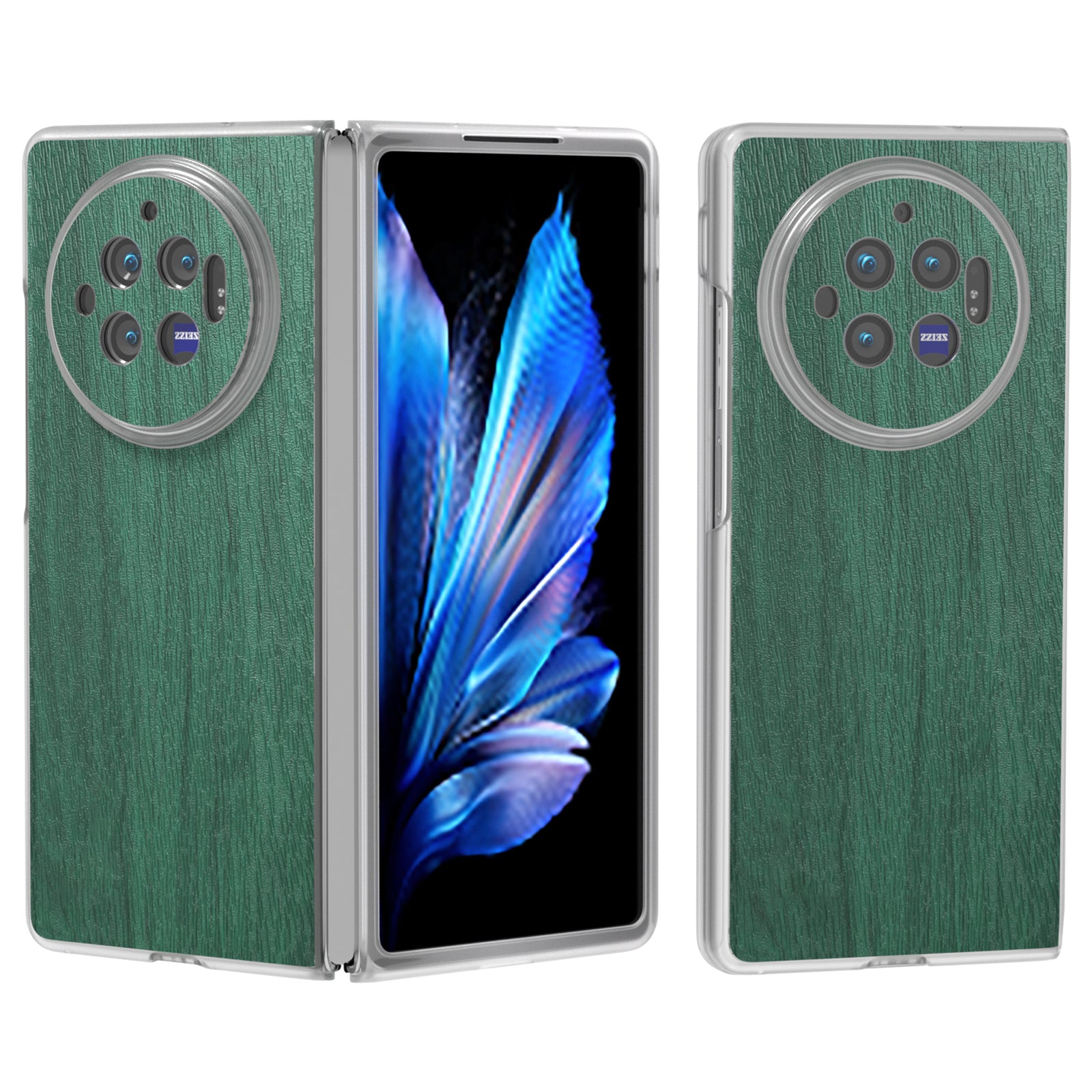 For vivo X Fold3 Case Wood Texture Leather+PC Matte Clear Edge Anti-slip Phone Cover - Green