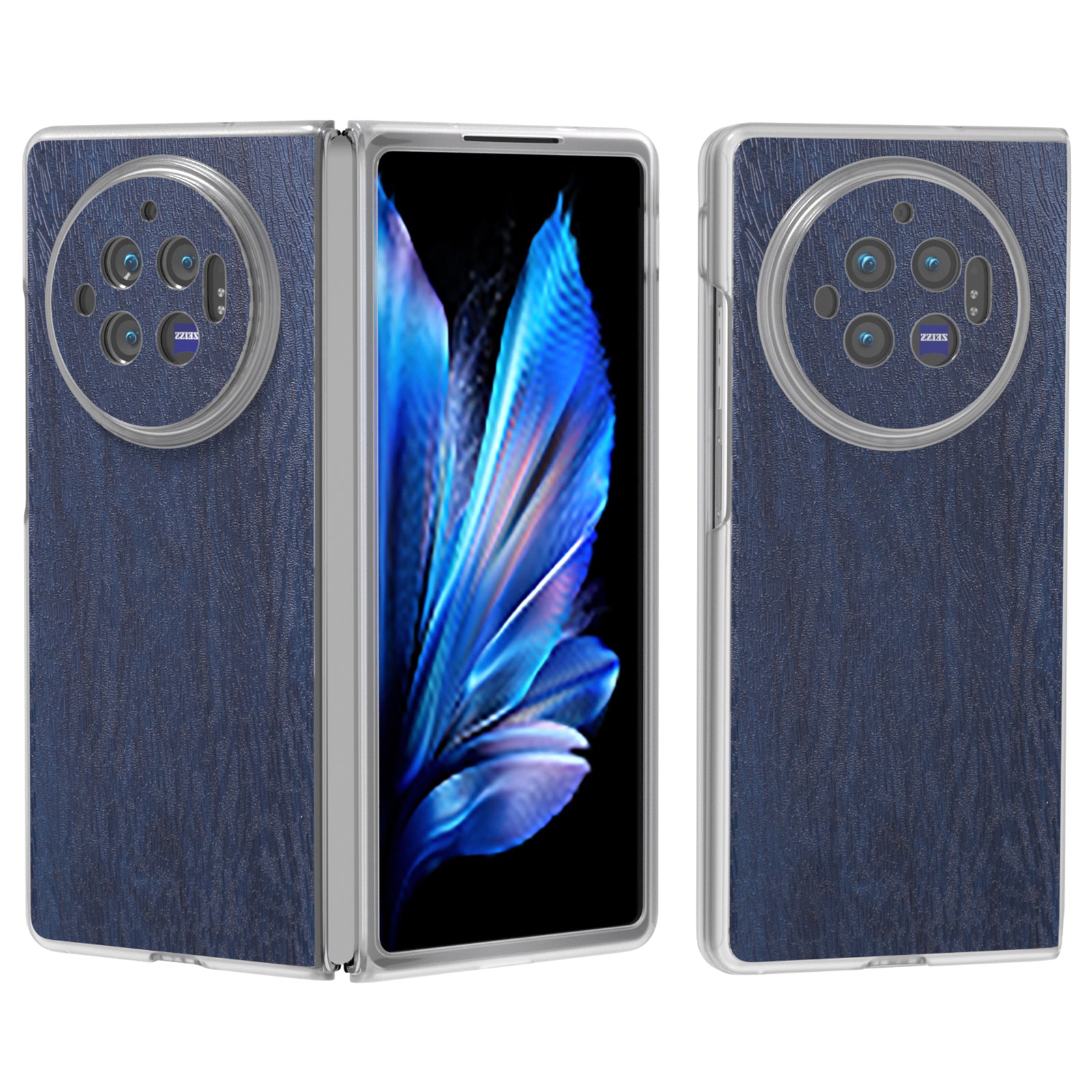 For vivo X Fold3 Case Wood Texture Leather+PC Matte Clear Edge Anti-slip Phone Cover - Blue